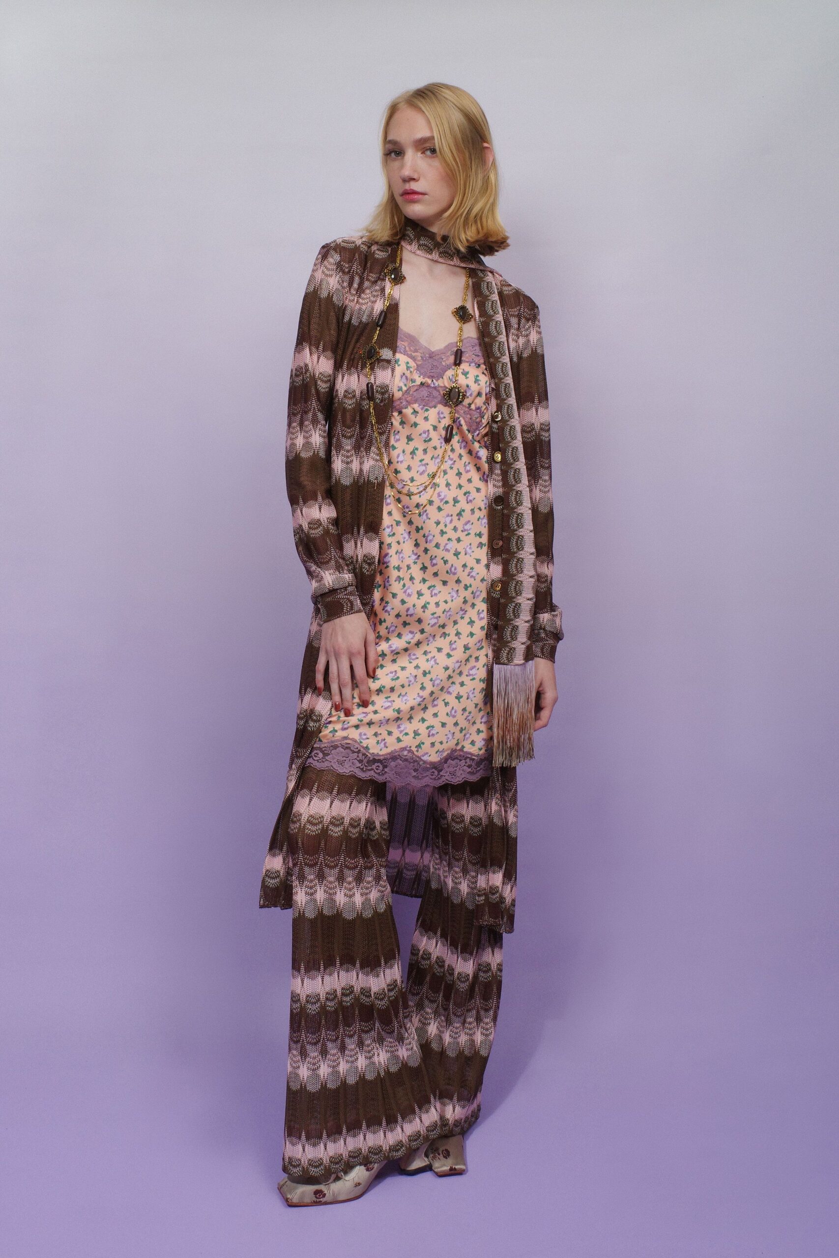 brown silk long-sleeve collared relaxed printed maxi coat