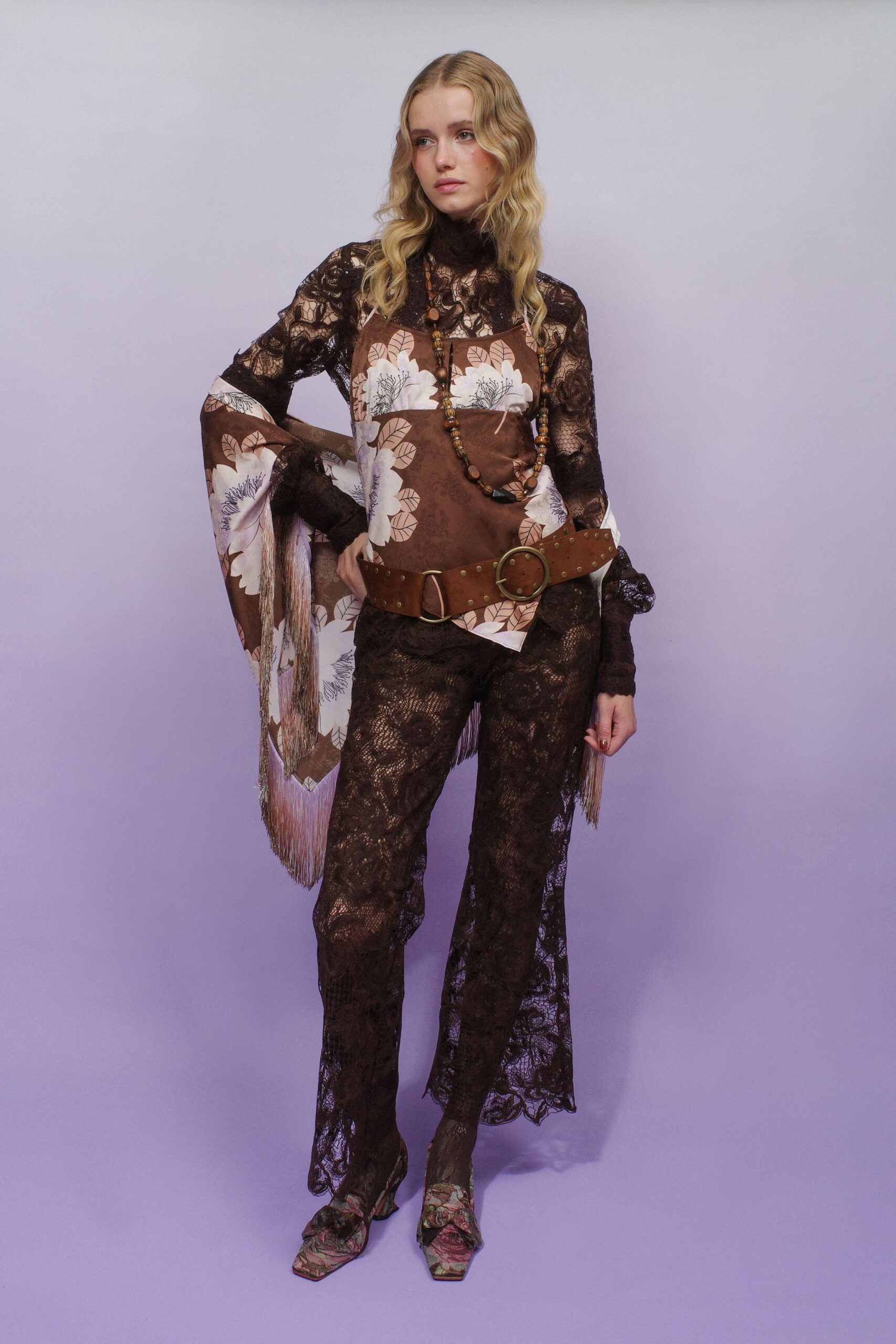 brown lace long-sleeve high-neck fitted floral fringed top