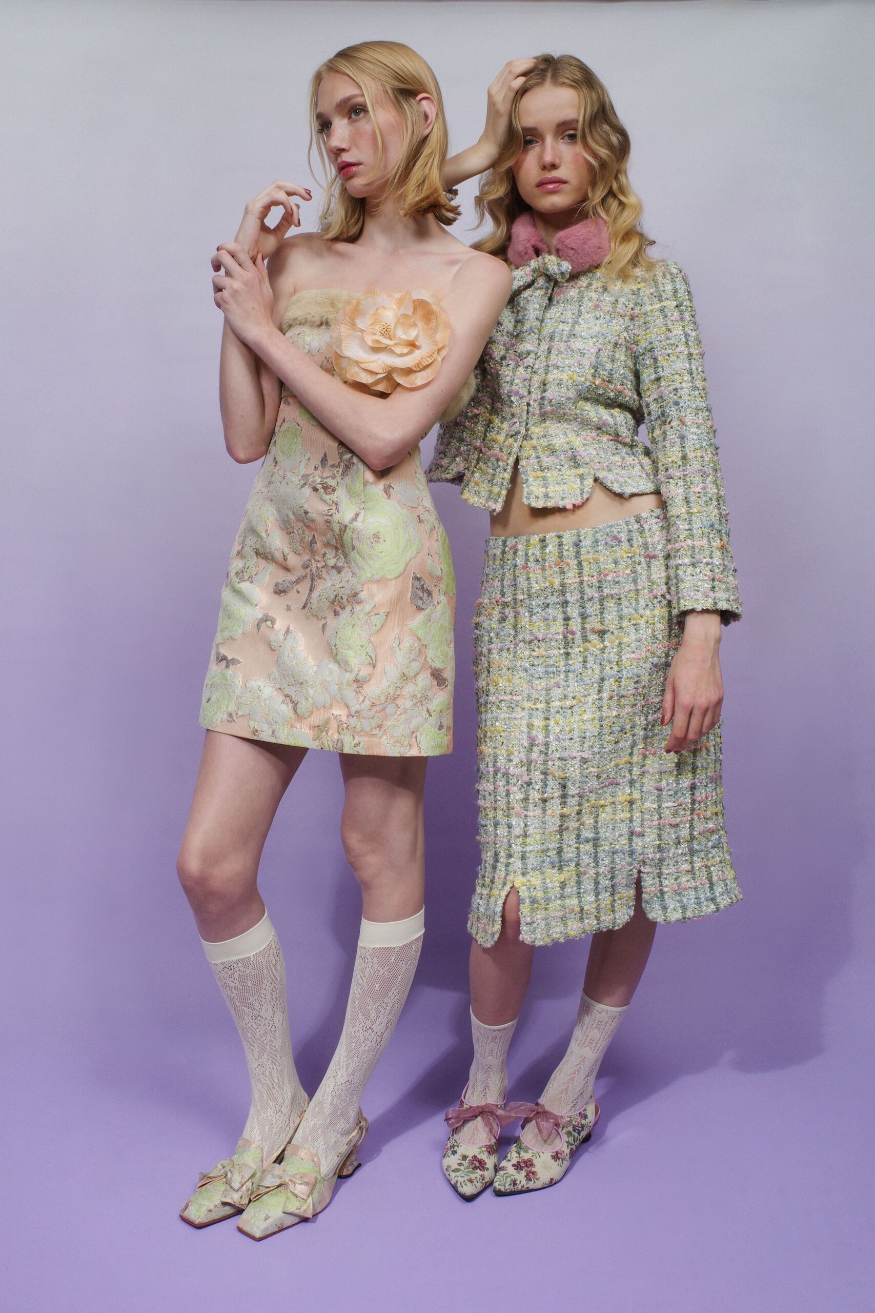 floral mini-dress and tweed jacket