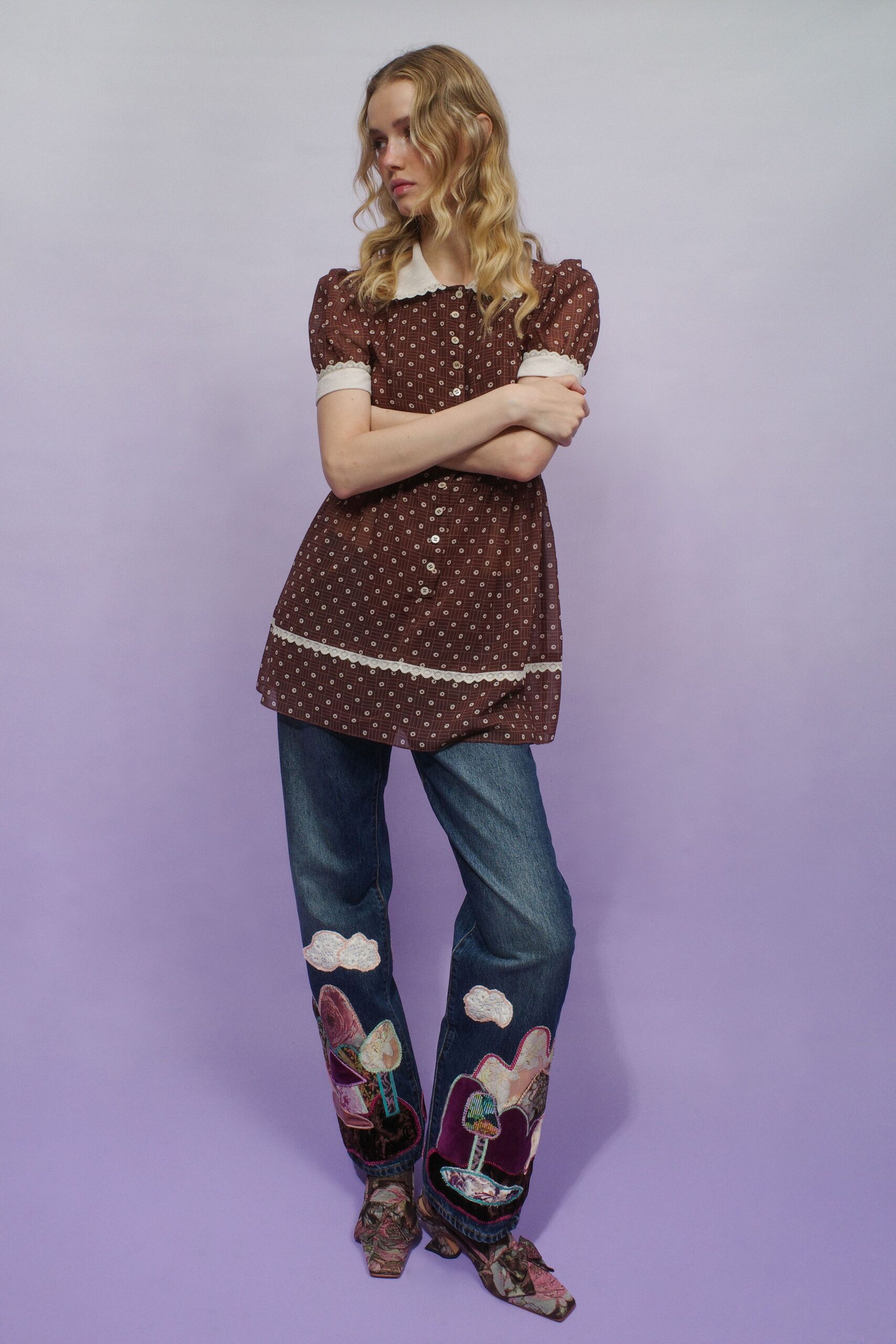 blue denim relaxed flared pants