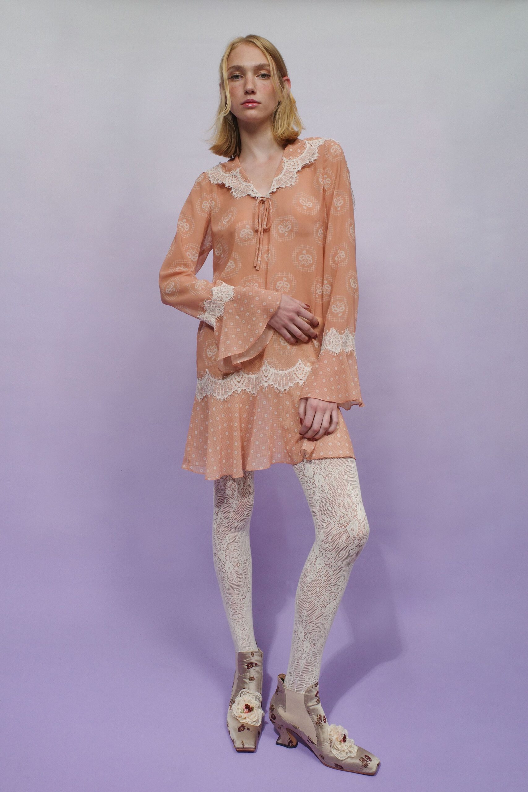 pink cotton long-sleeve collared fitted polka-dot ruffled dress