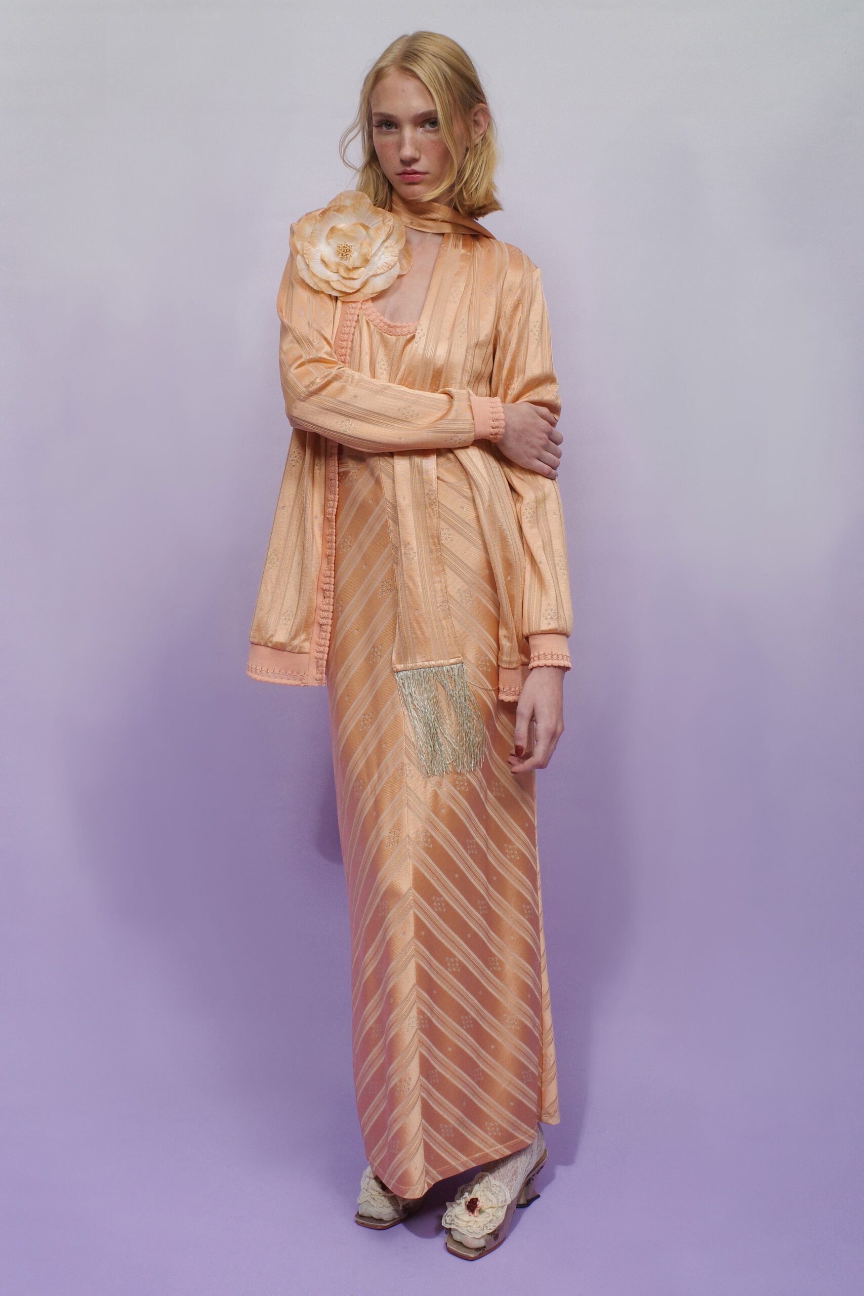 coral silk sleeveless v-neck fitted striped draped gown