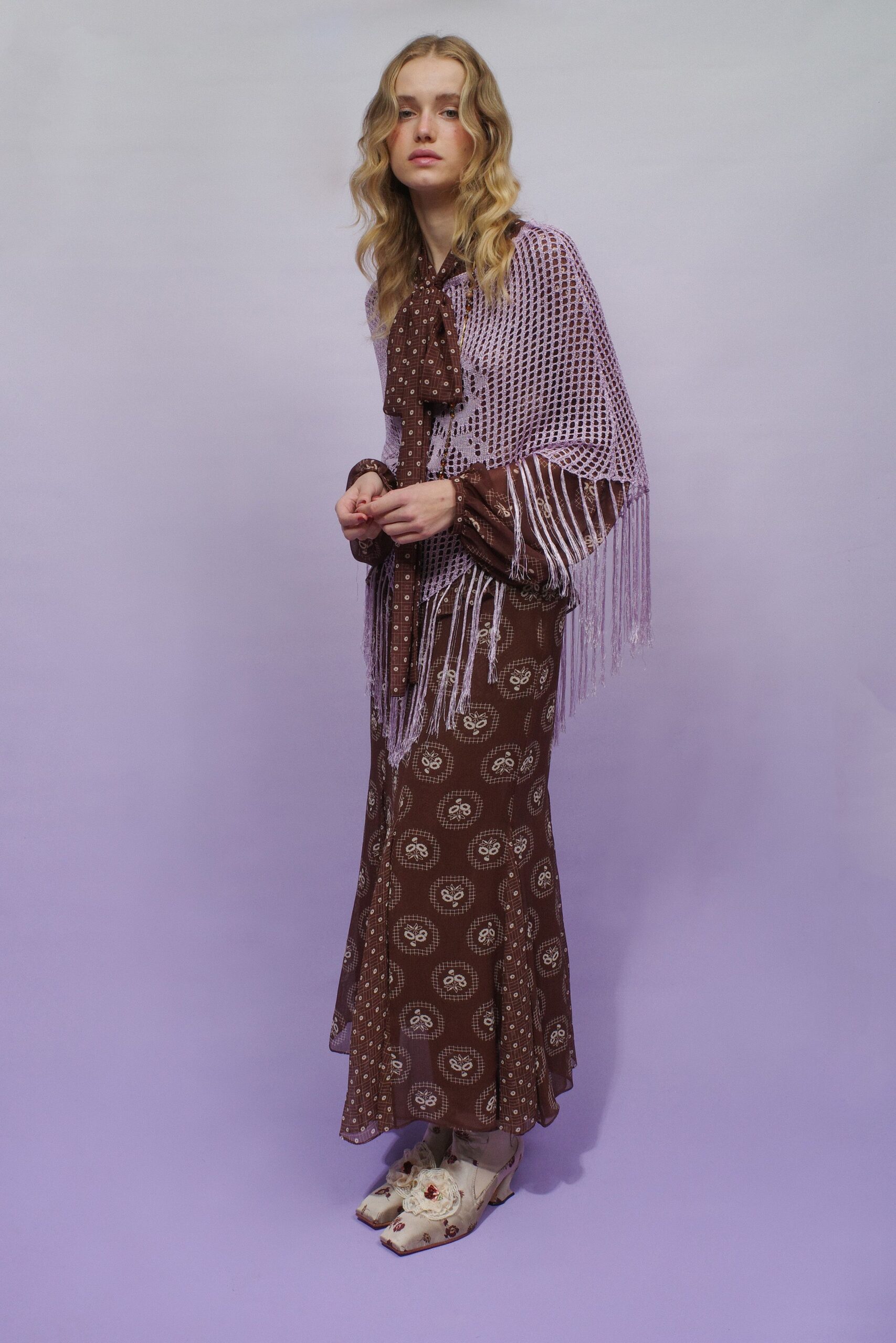 brown cotton long-sleeve collared fitted flared polka-dot dress