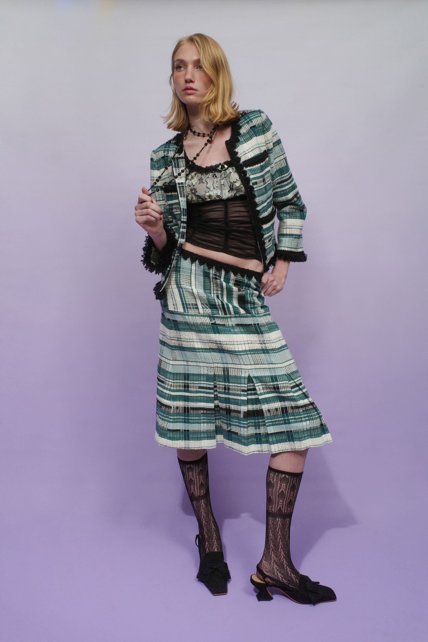 green cotton fitted pleated skirt