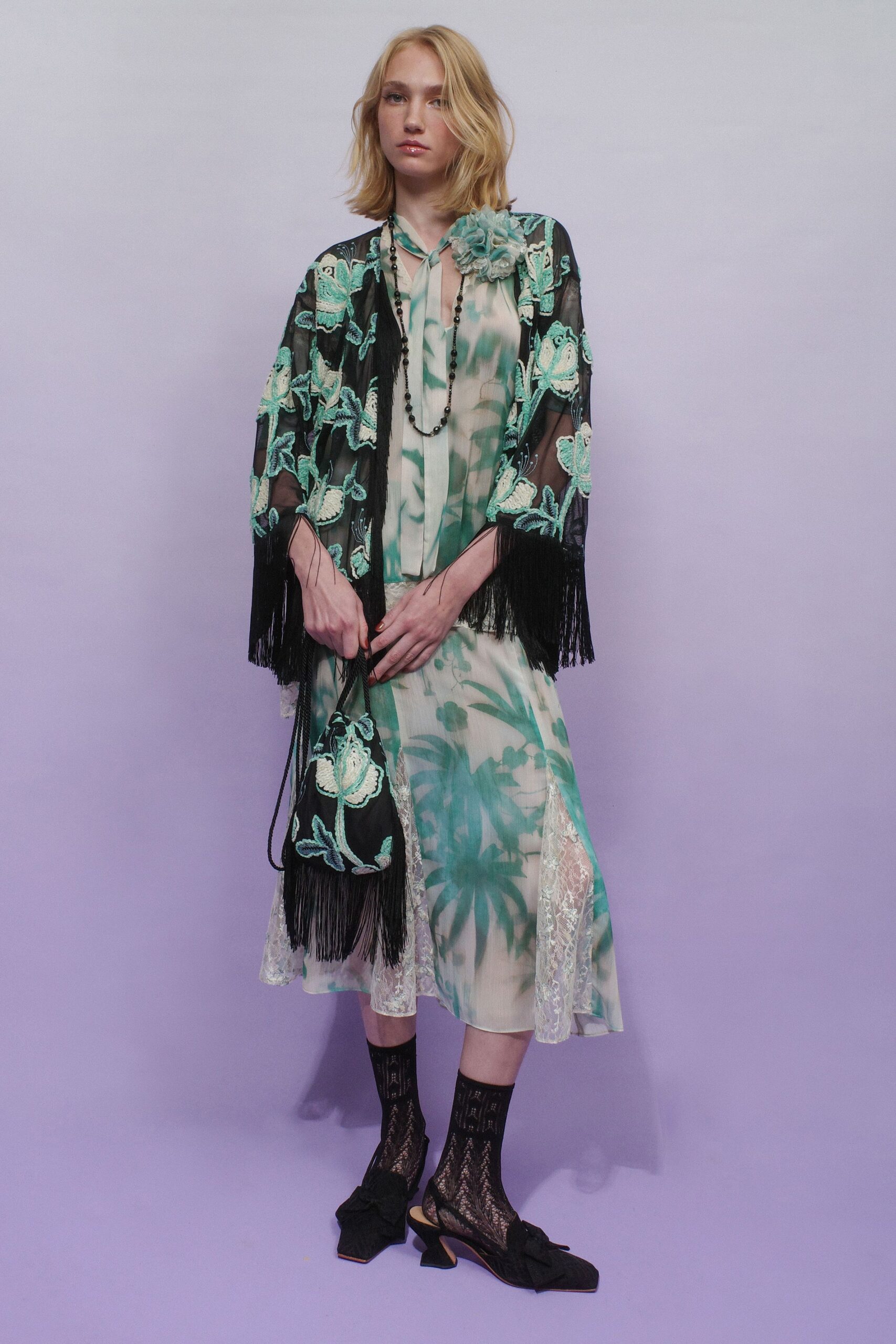 green silk sleeveless v-neck fitted floral layered dress