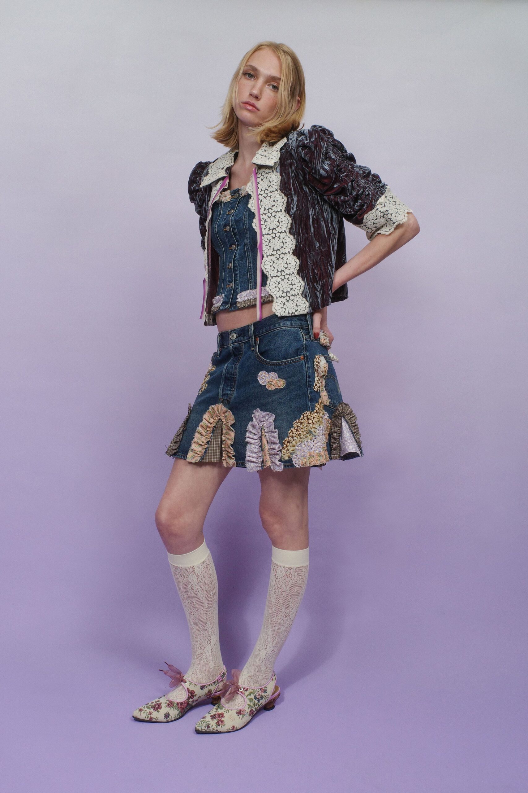 blue denim sleeveless collared fitted zippered top