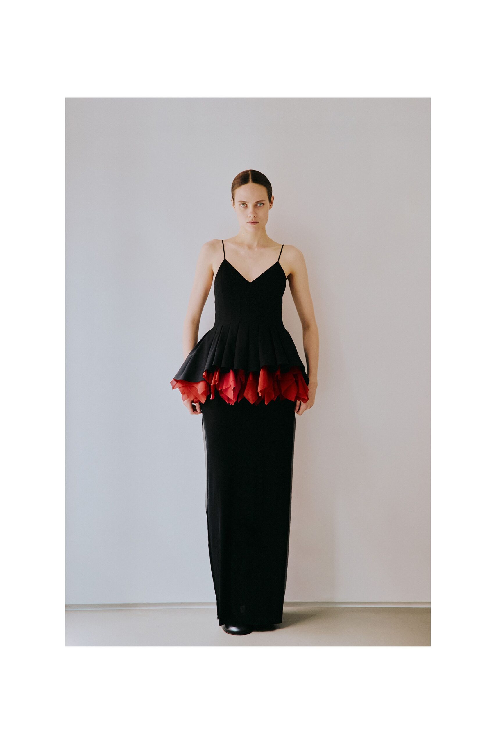 black and red ruffled gown