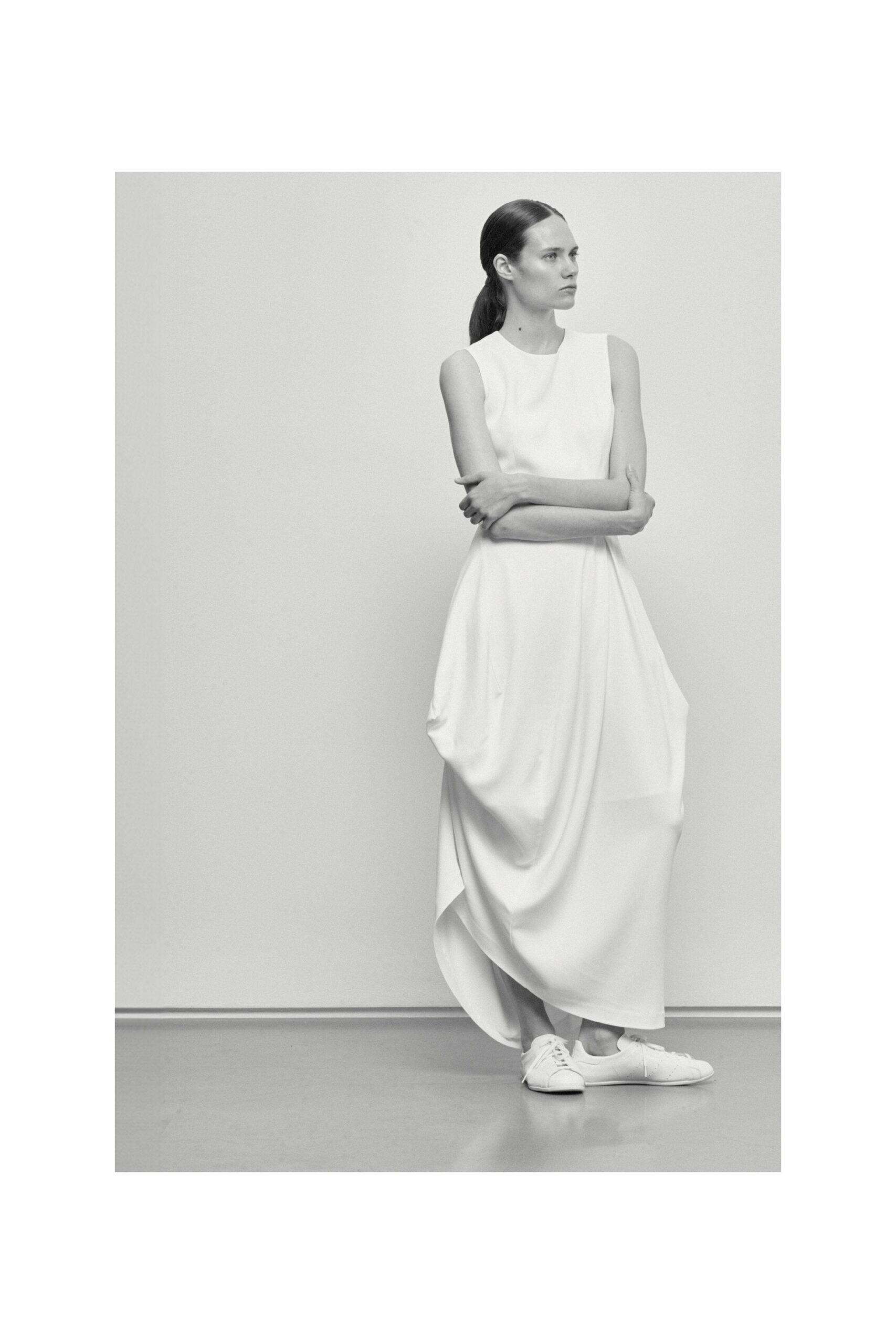 white cotton sleeveless high-neck relaxed draped maxi dress