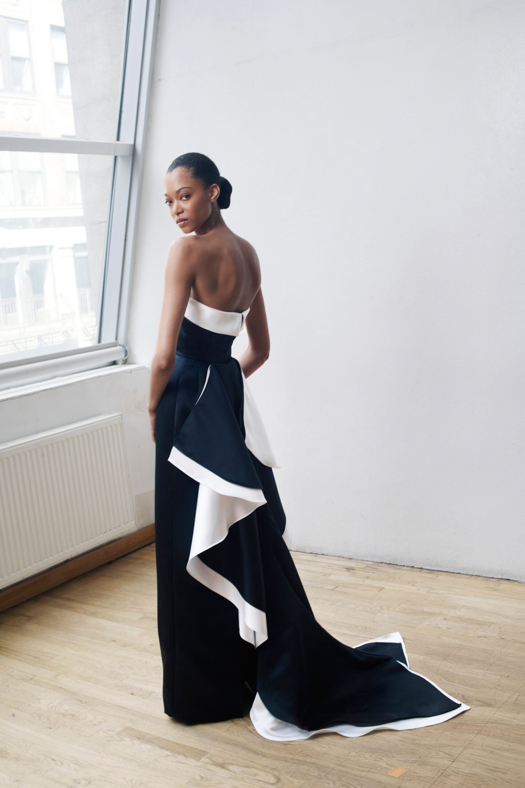 black and white strapless gown