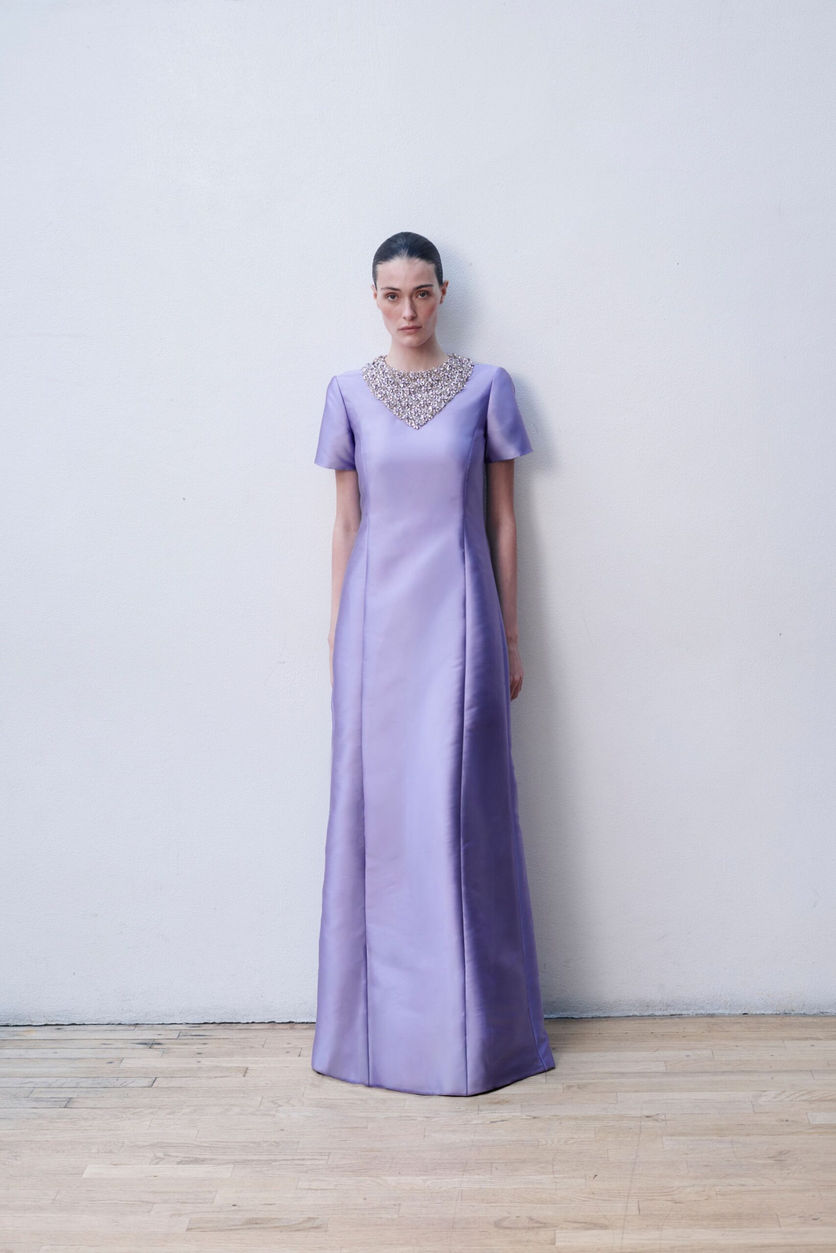 purple silk fitted gown