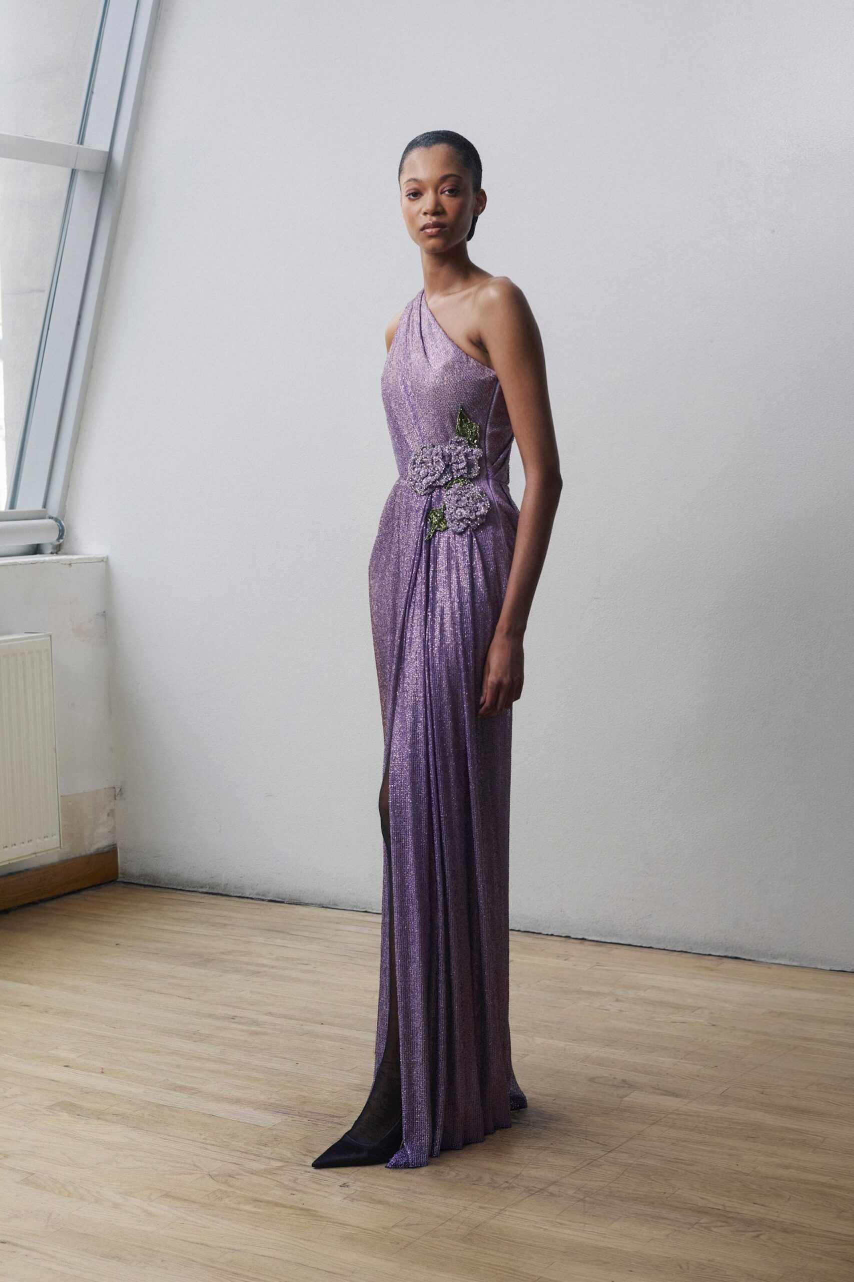 fitted purple silk gown