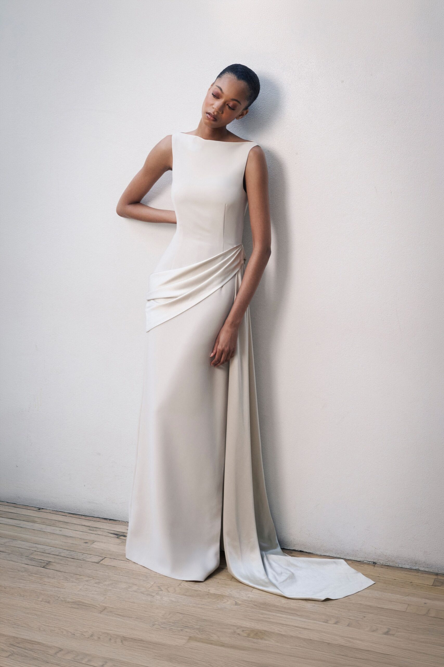 white silk sleeveless gown