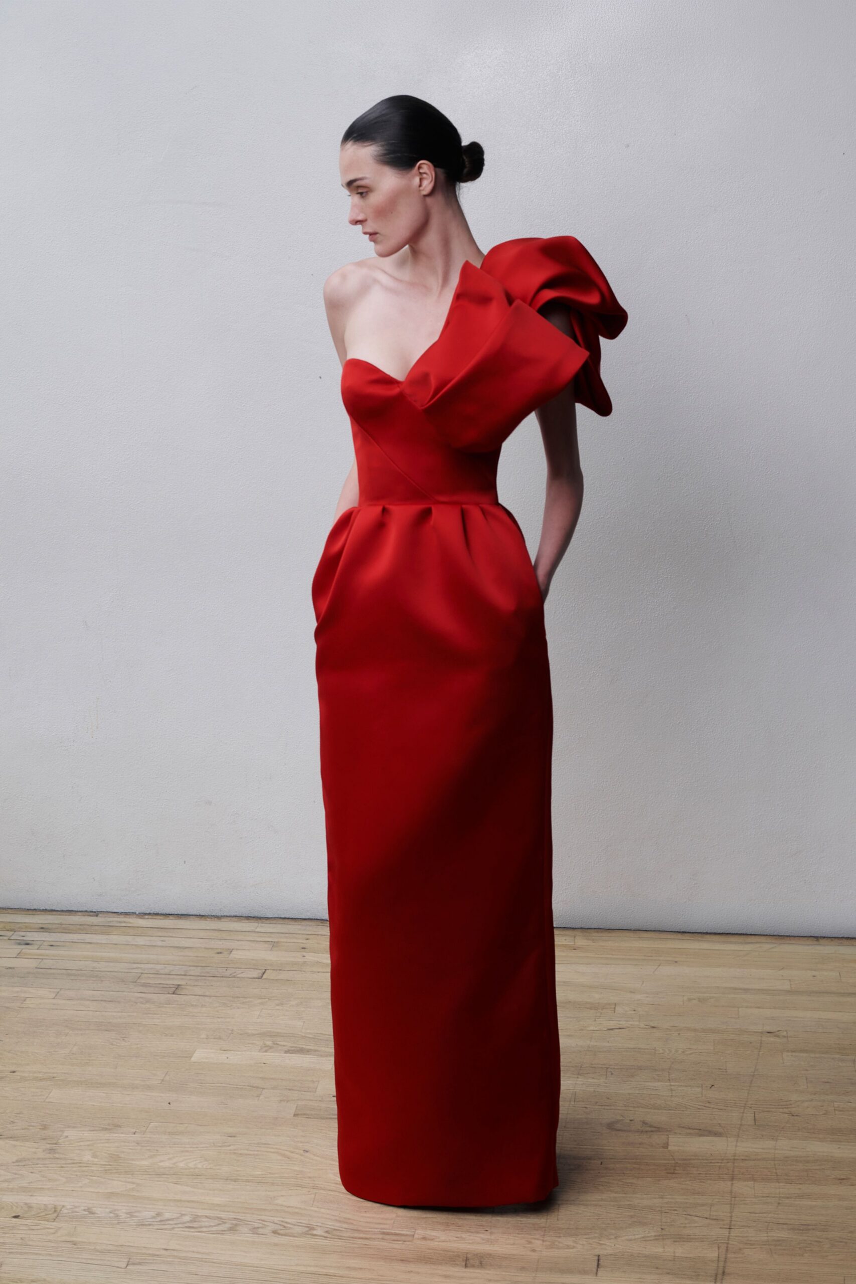 red silk strapless gown