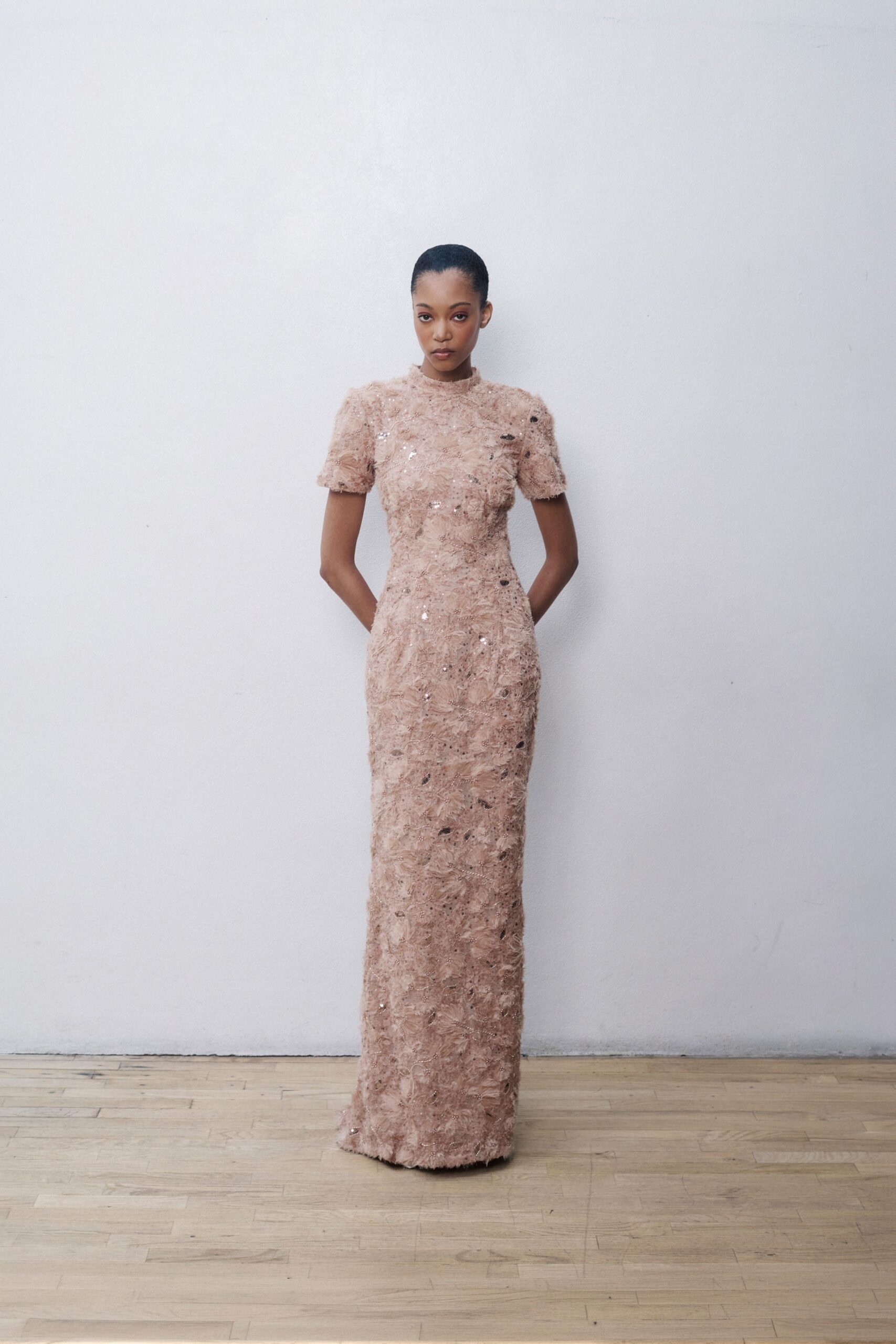 beige lace embroidered gown