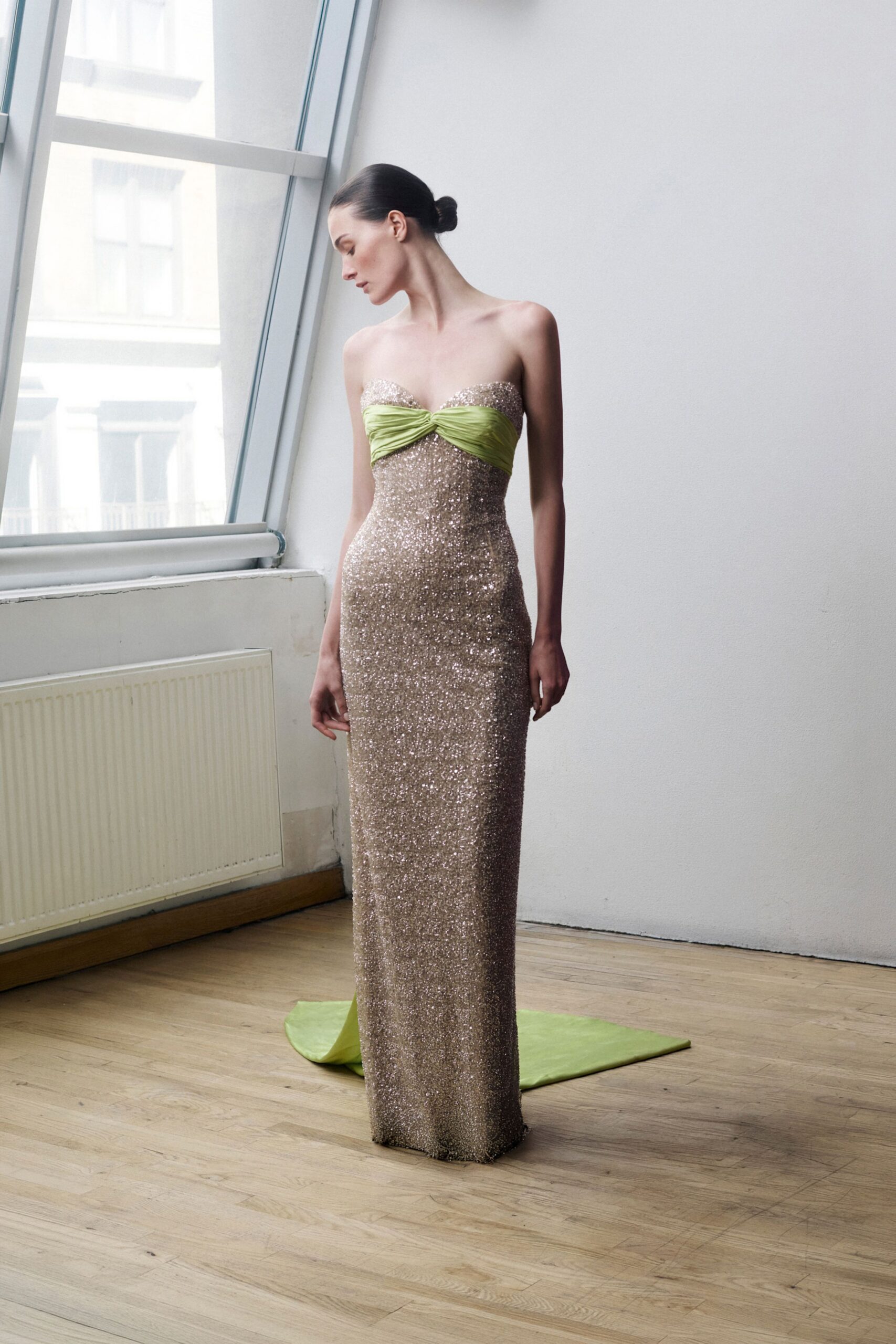 gold embellished strapless gown