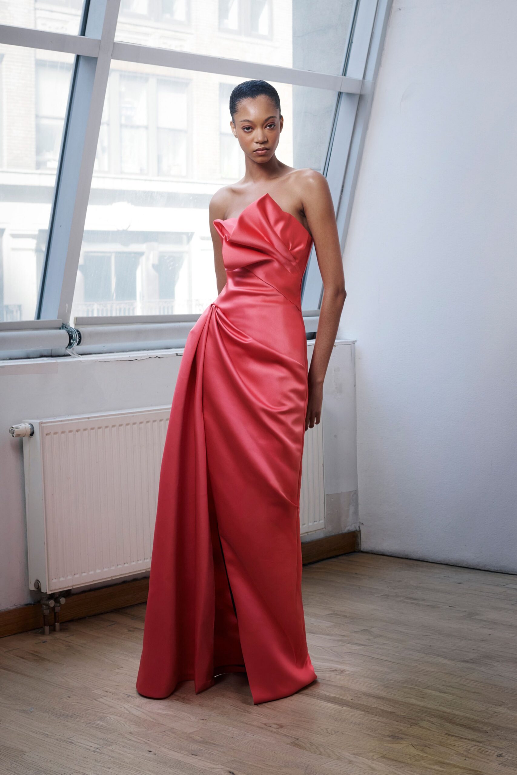 red satin strapless gown