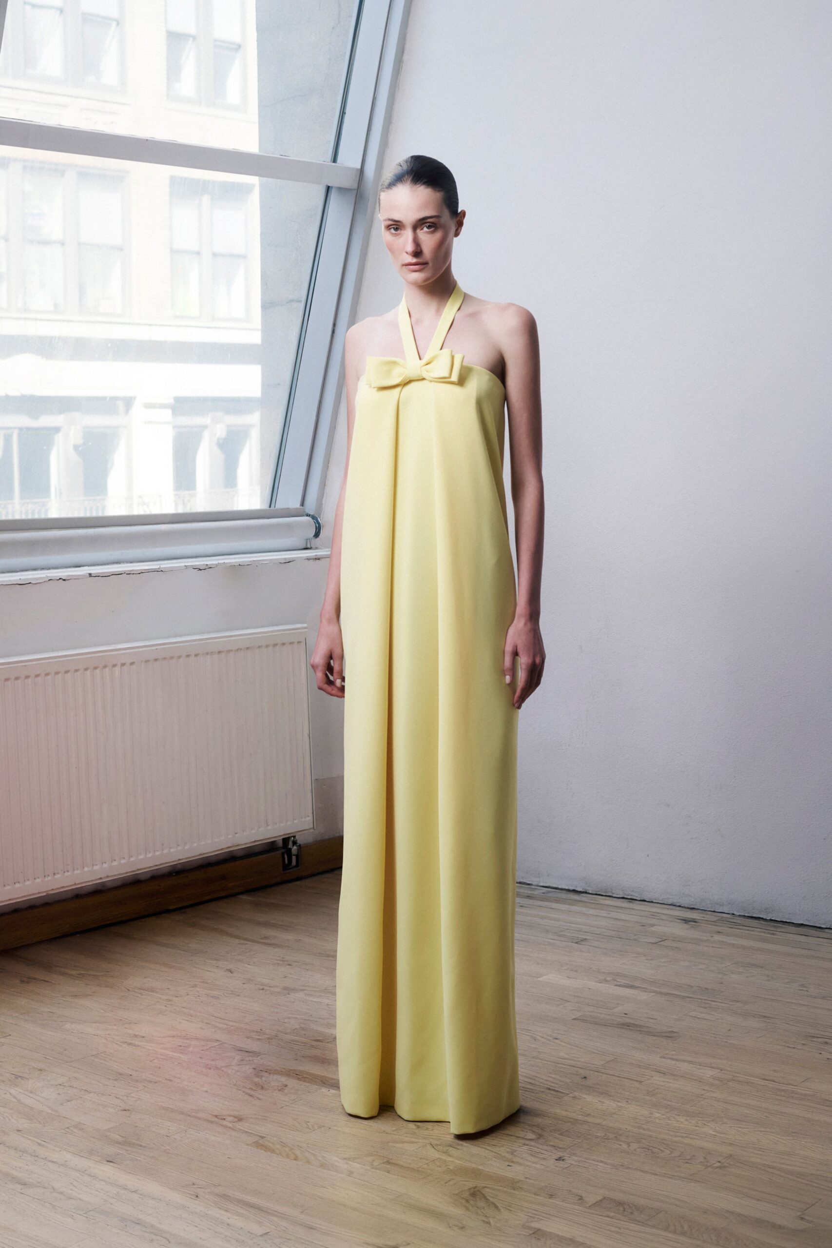 yellow silk sleeveless gown