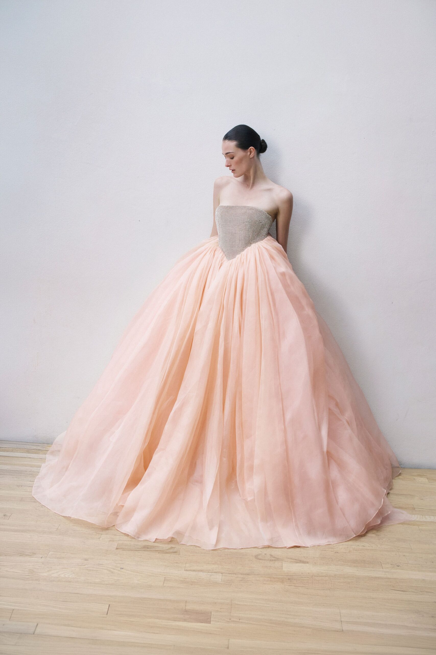 pink pleated strapless gown