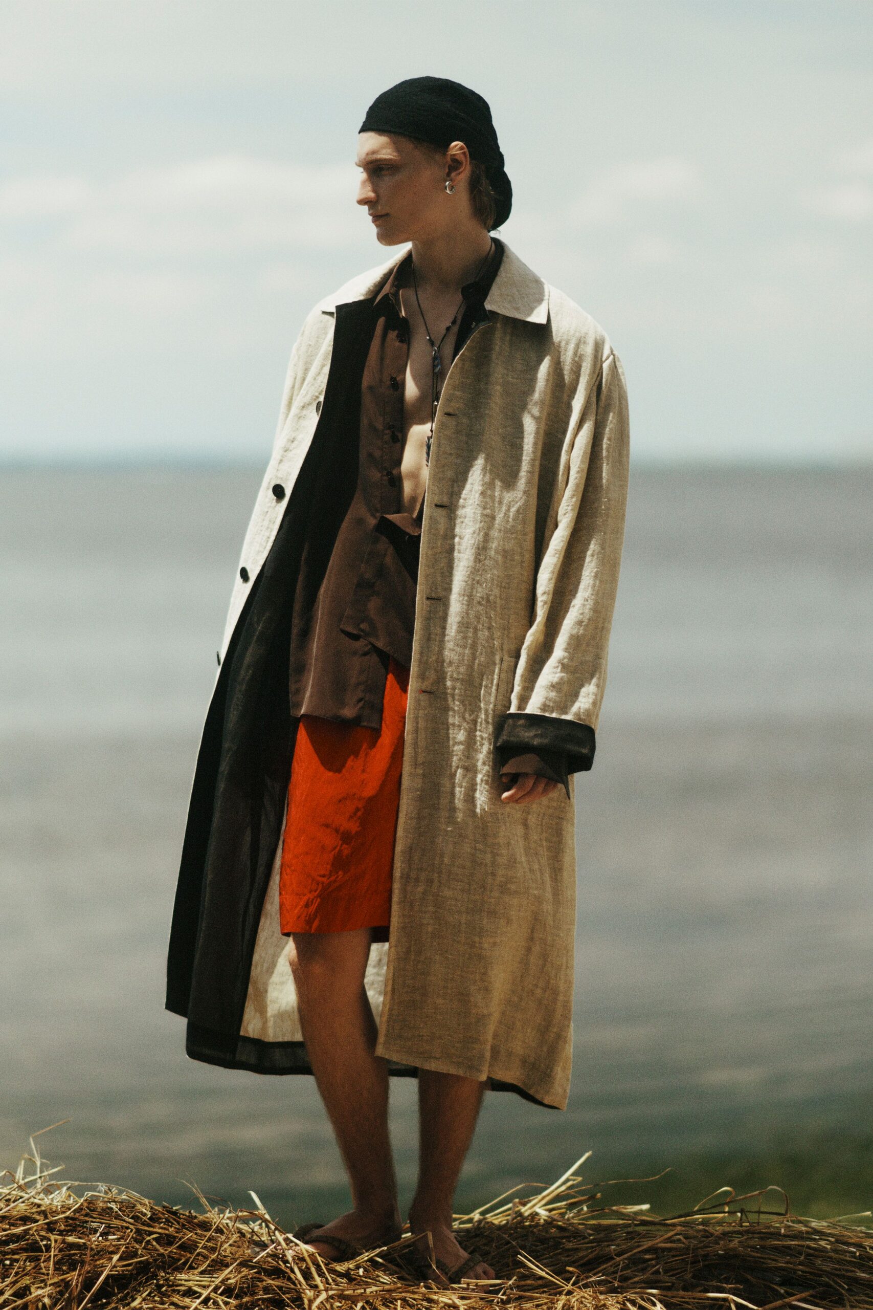 beige linen long-sleeve collared relaxed buttoned coat