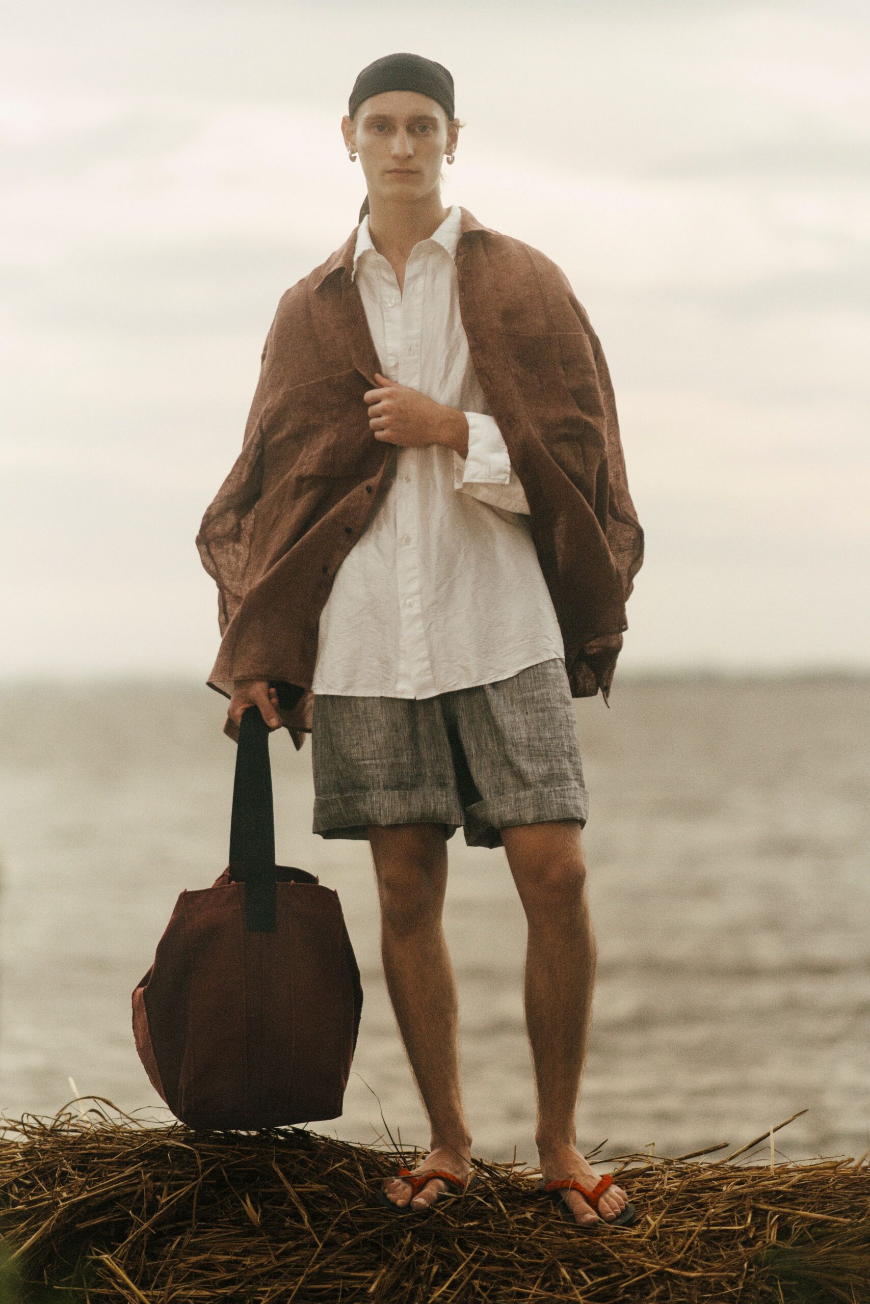brown linen long-sleeve oversized jacket