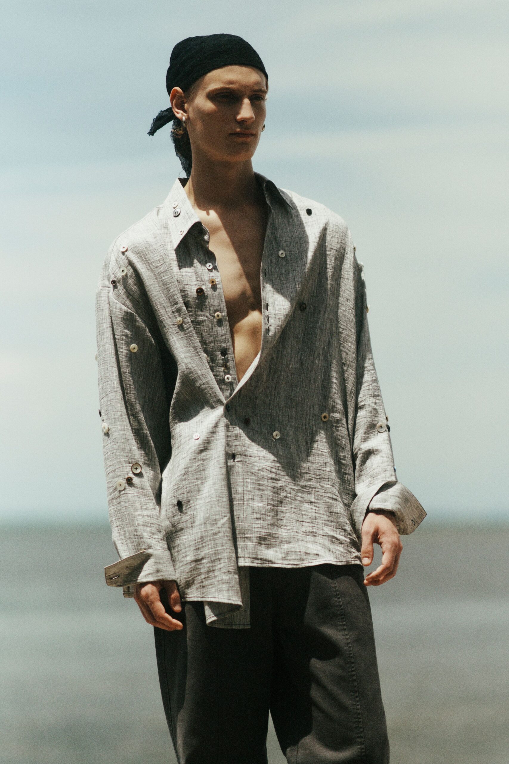 gray linen long-sleeve collared relaxed buttoned distressed shirt