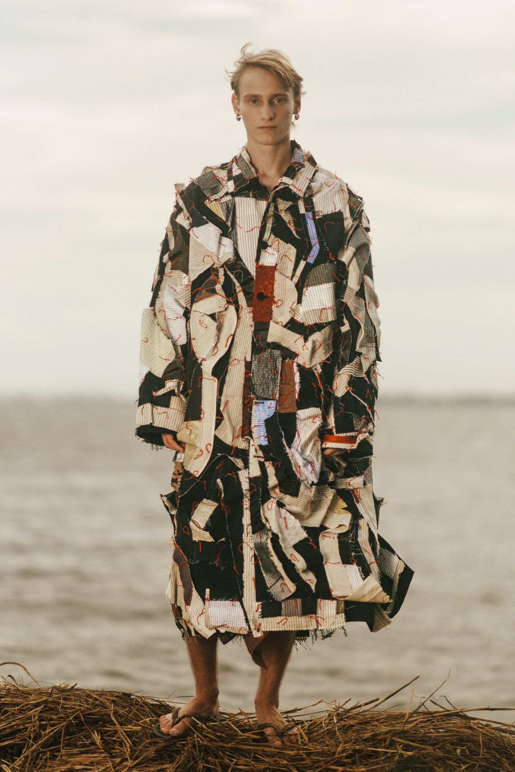 multi cotton long-sleeve relaxed patchwork midi coat