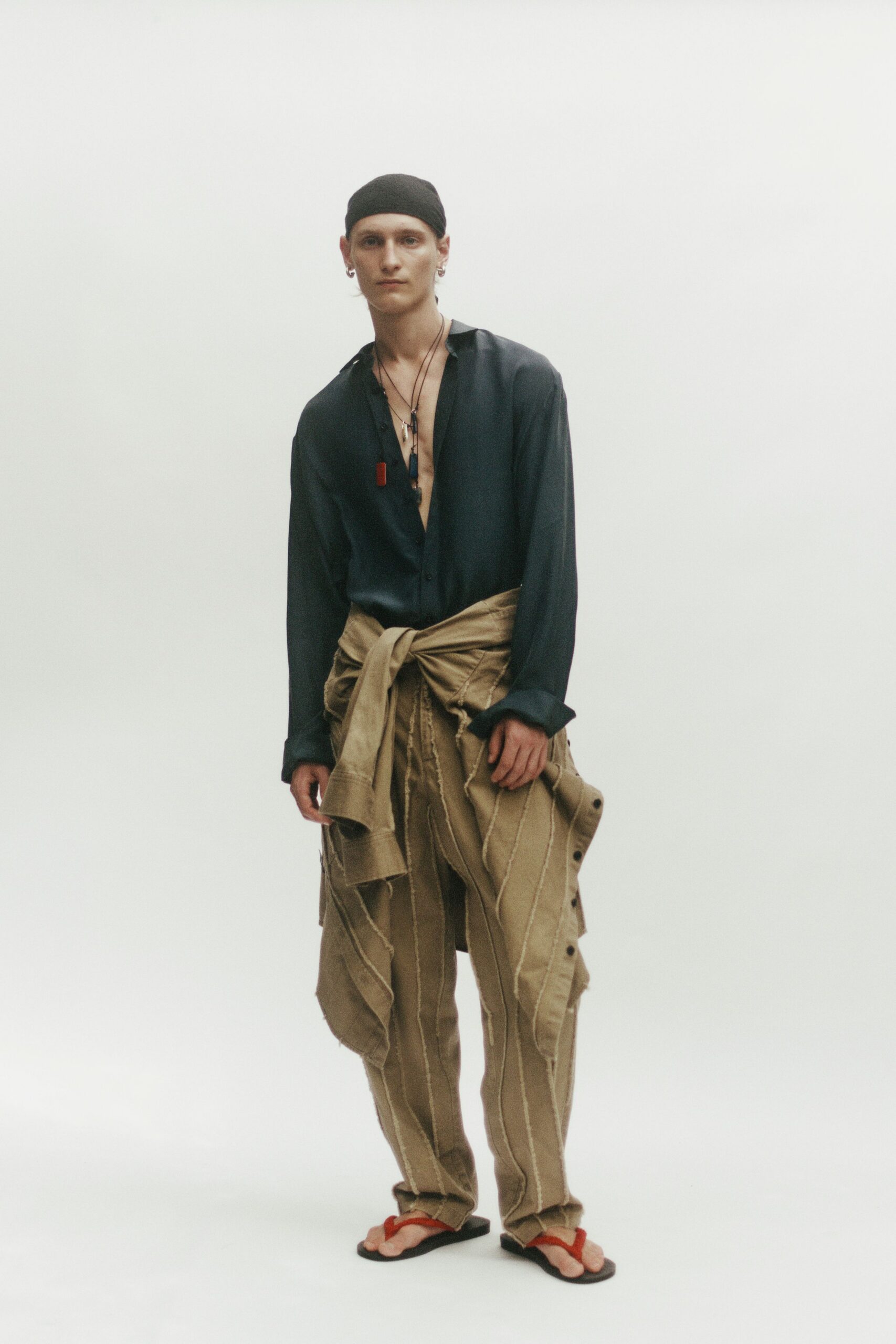 blue relaxed shirt beige striped pants