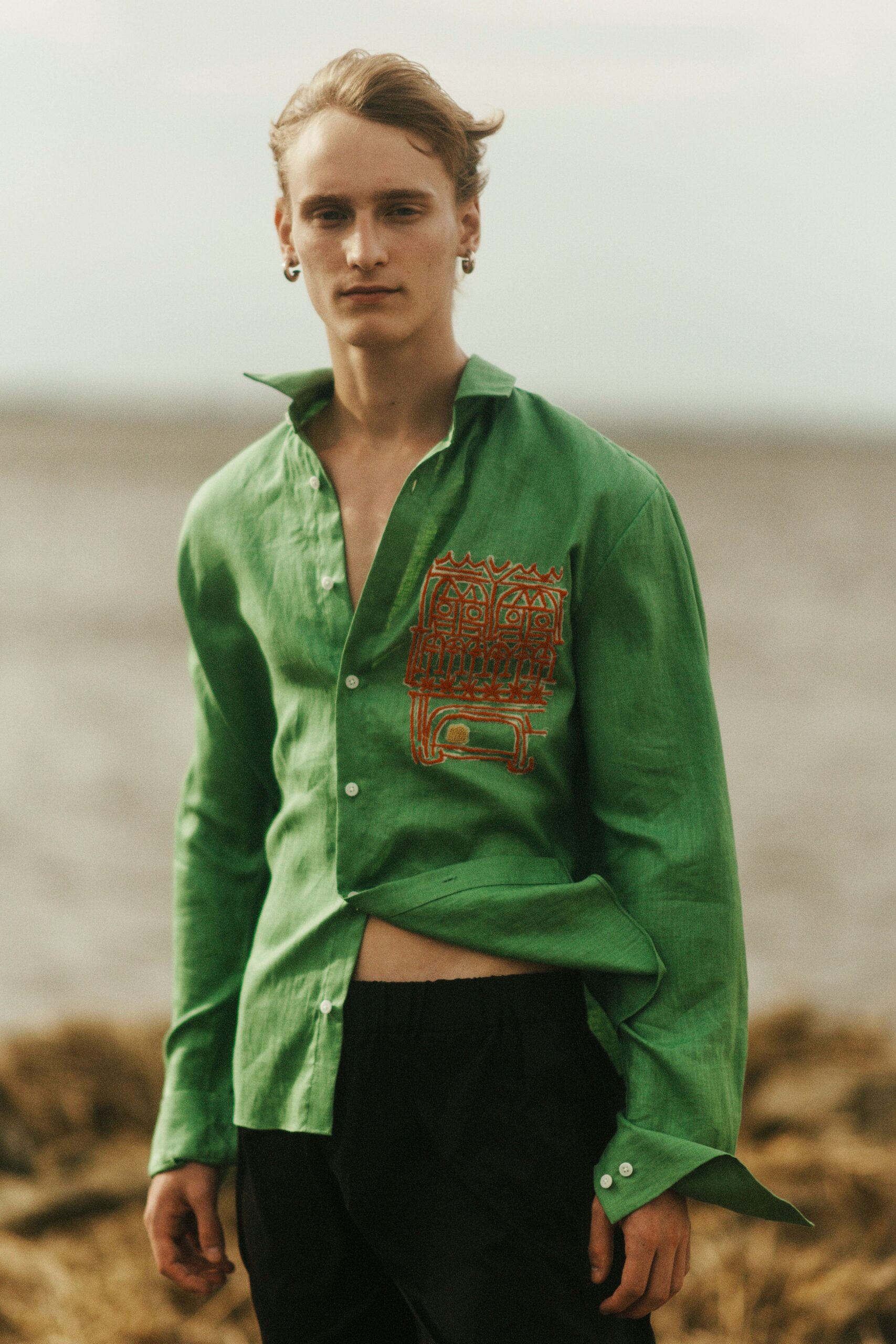 green cotton long-sleeve collared relaxed embroidered shirt