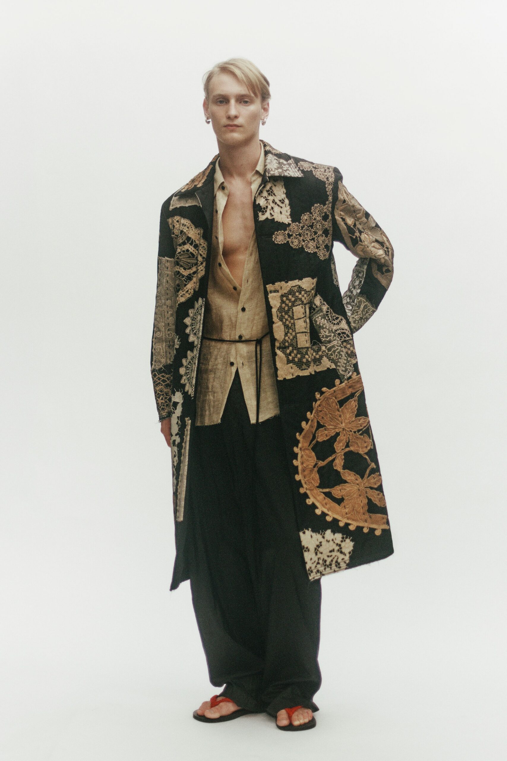 black silk long-sleeve collared relaxed embroidered layered coat