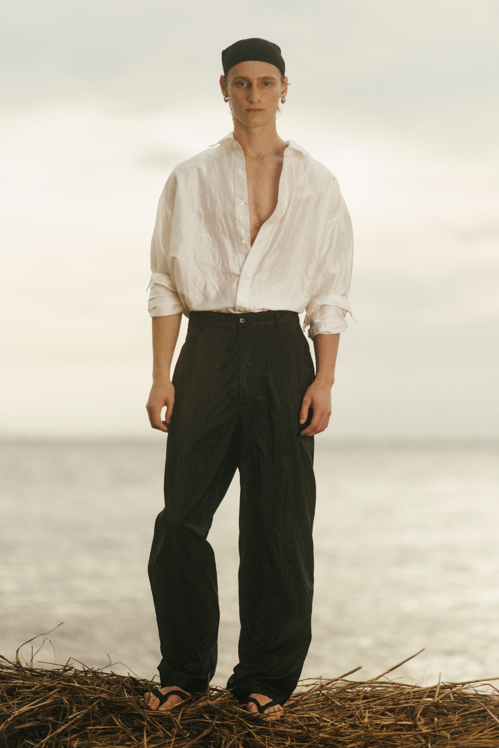 white cotton long-sleeve v-neck relaxed shirt