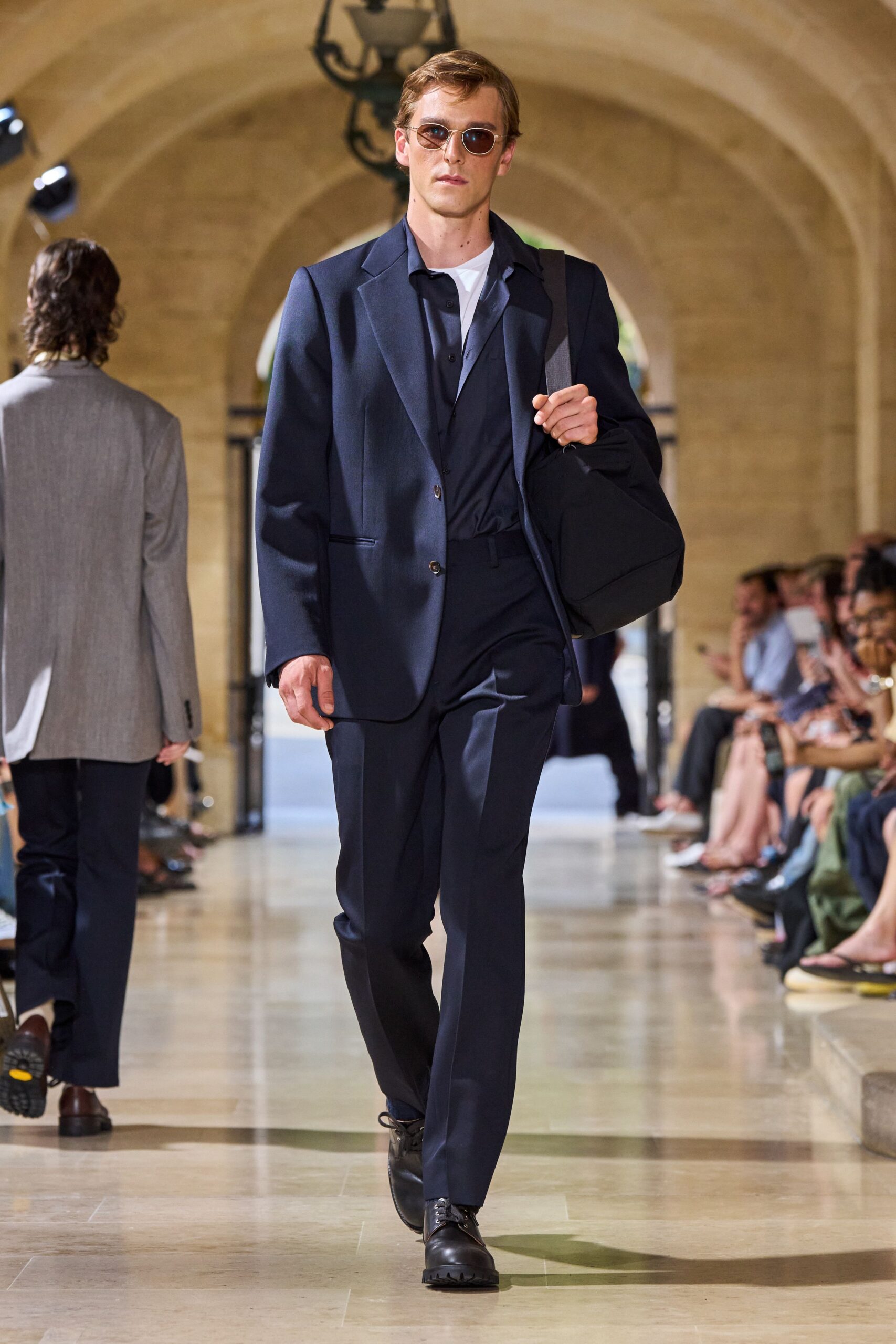 blue cotton long-sleeve collared tailored buttoned suit