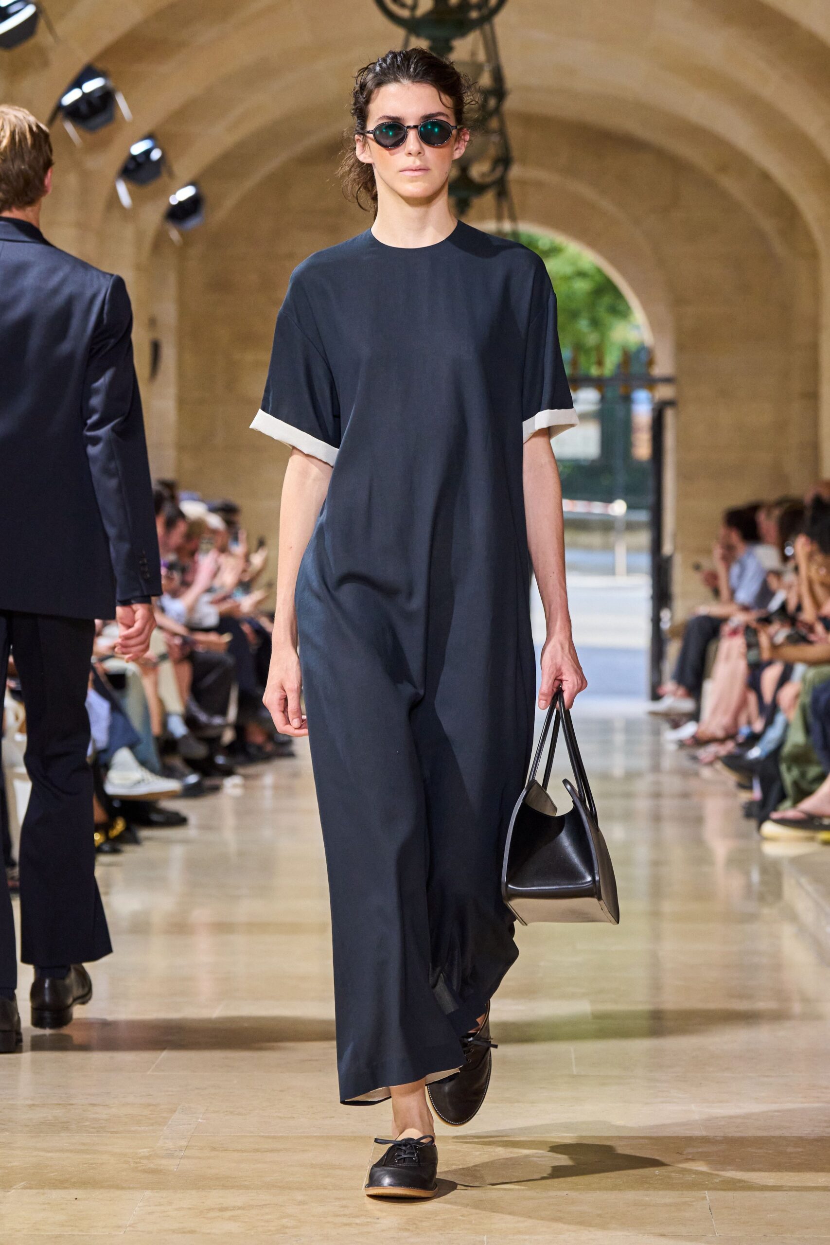 black cotton short-sleeve v-neck relaxed maxi dress