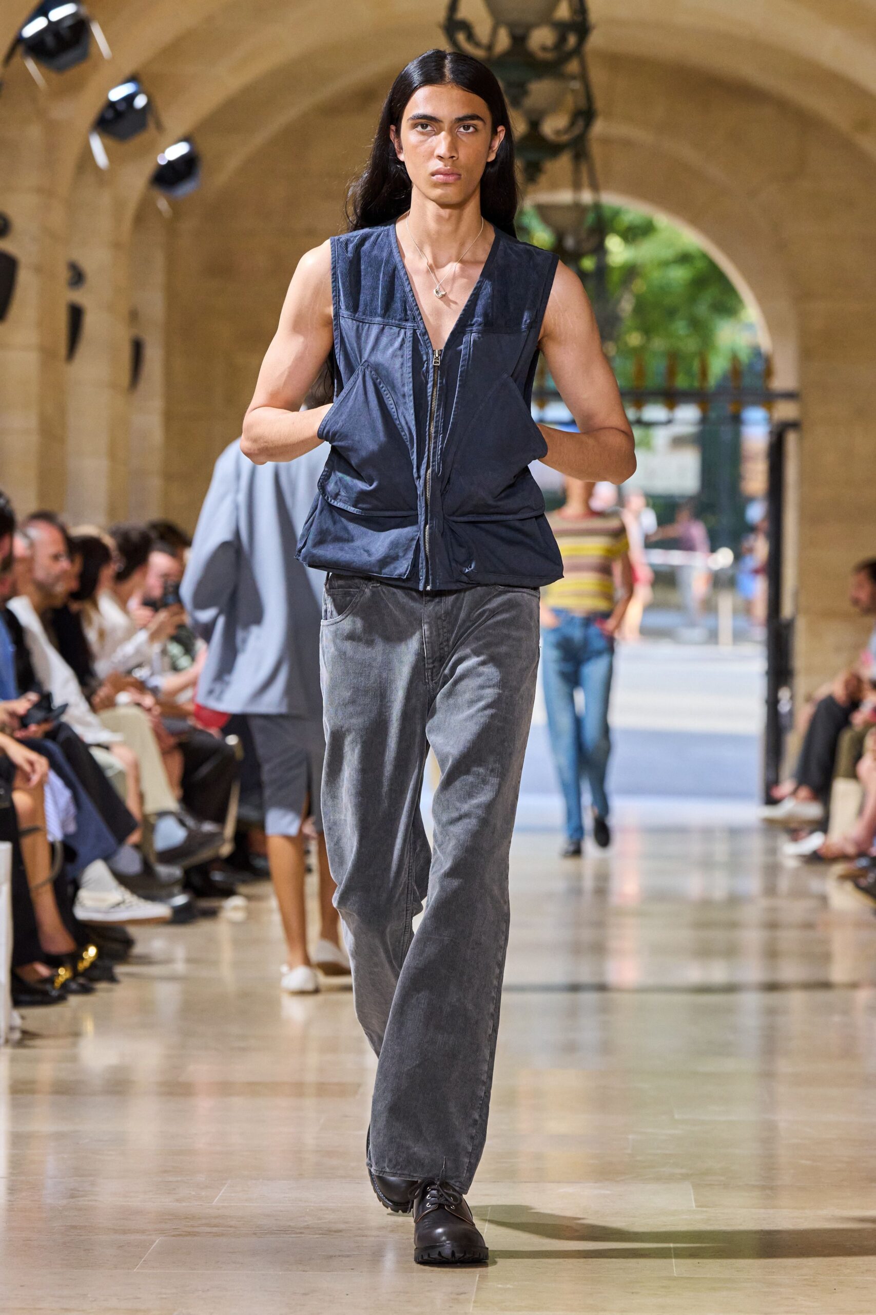 blue cotton sleeveless v-neck fitted zippered vest