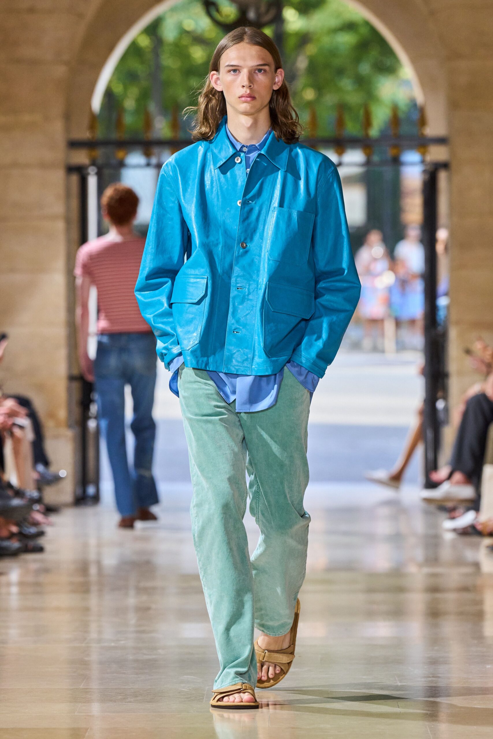 blue jacket with green pants