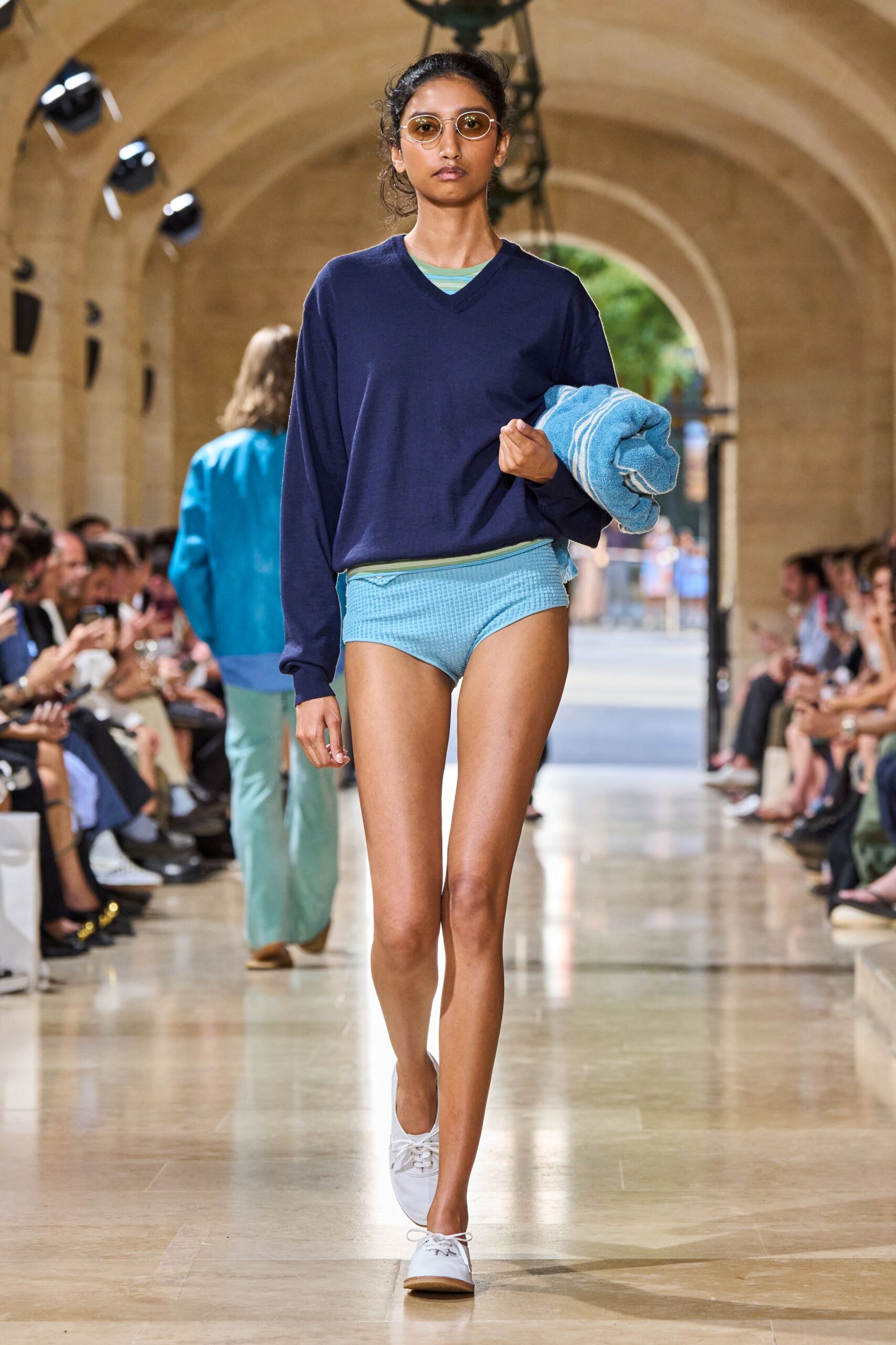blue cotton long-sleeve v-neck relaxed sweater