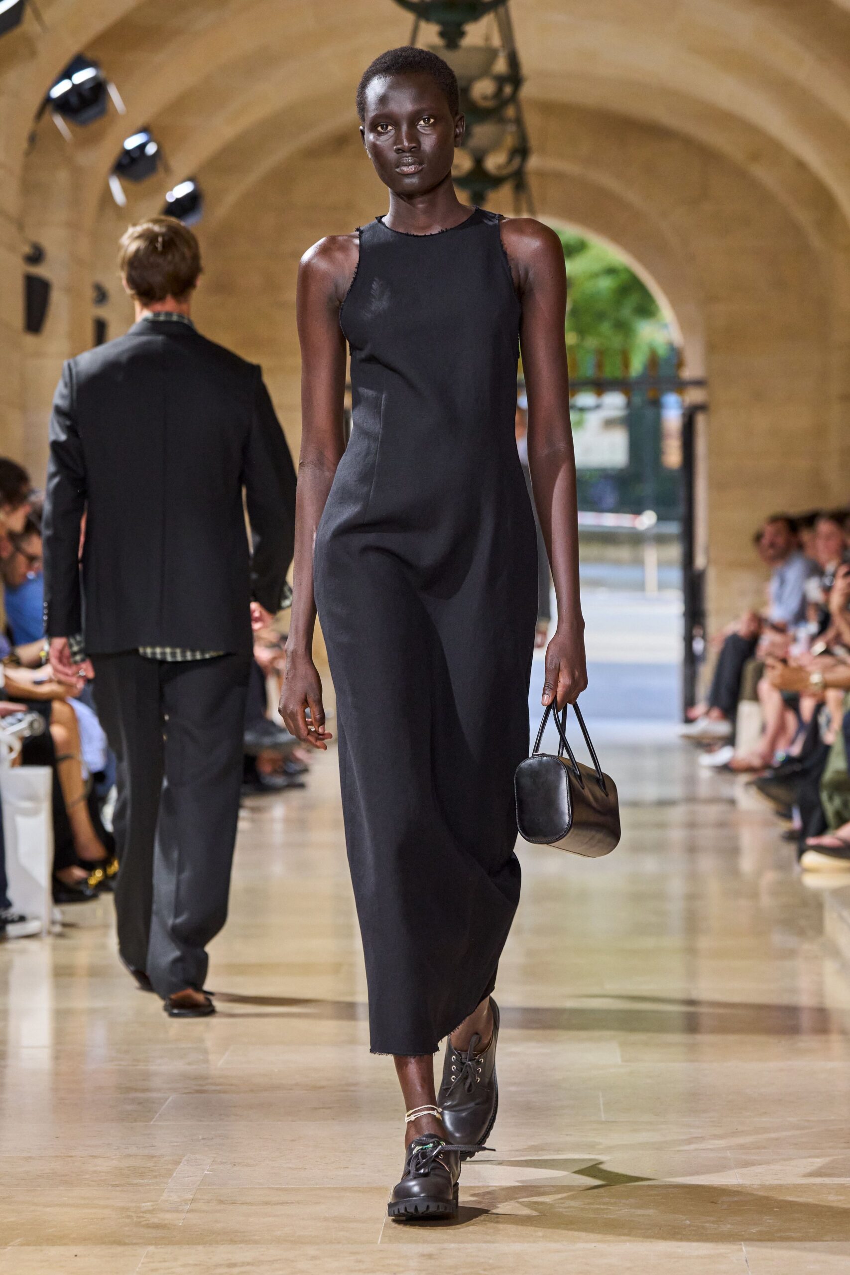 black silk sleeveless high-neck fitted straight-leg maxi dress