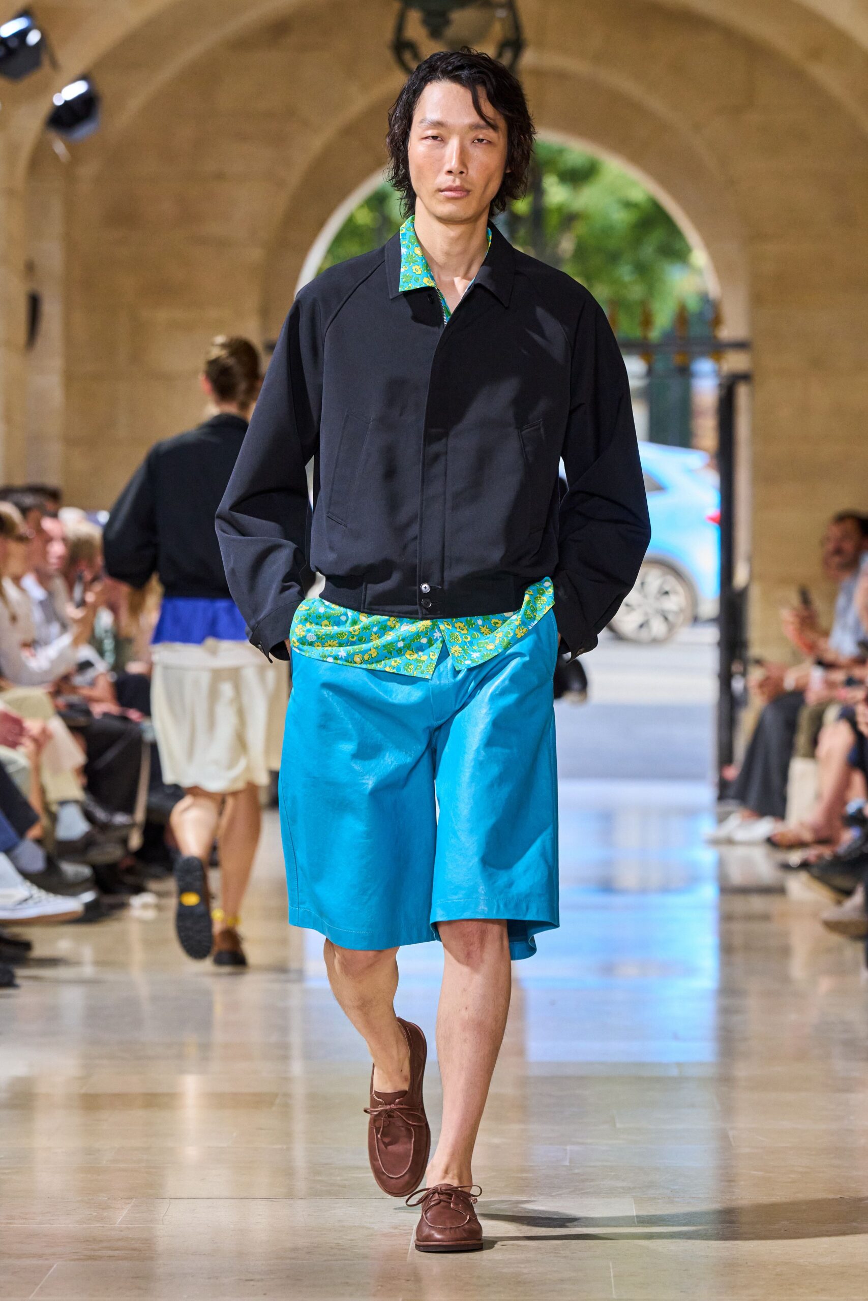 blue cotton relaxed printed short shorts