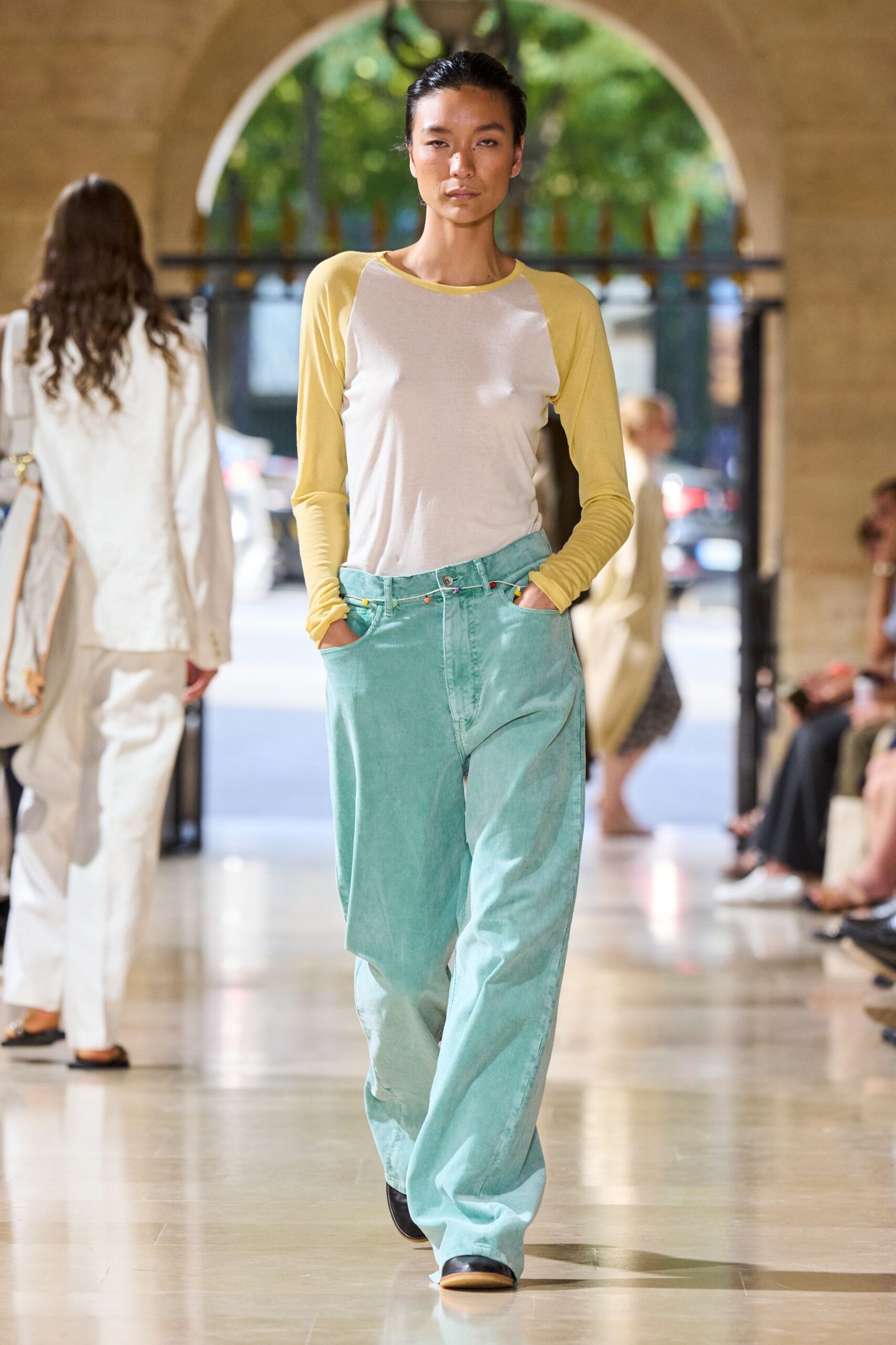 beige long-sleeve collared relaxed top