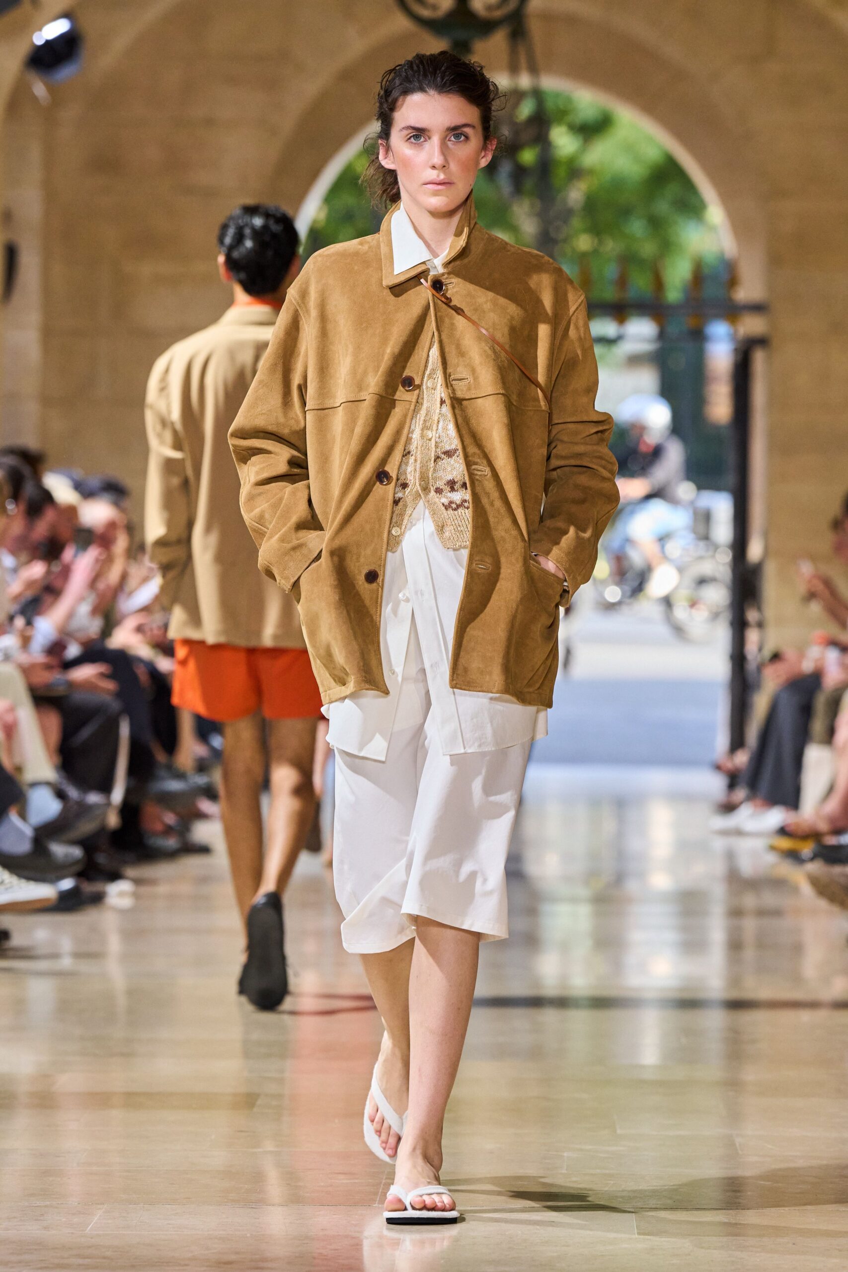brown suede long-sleeve collared relaxed jacket