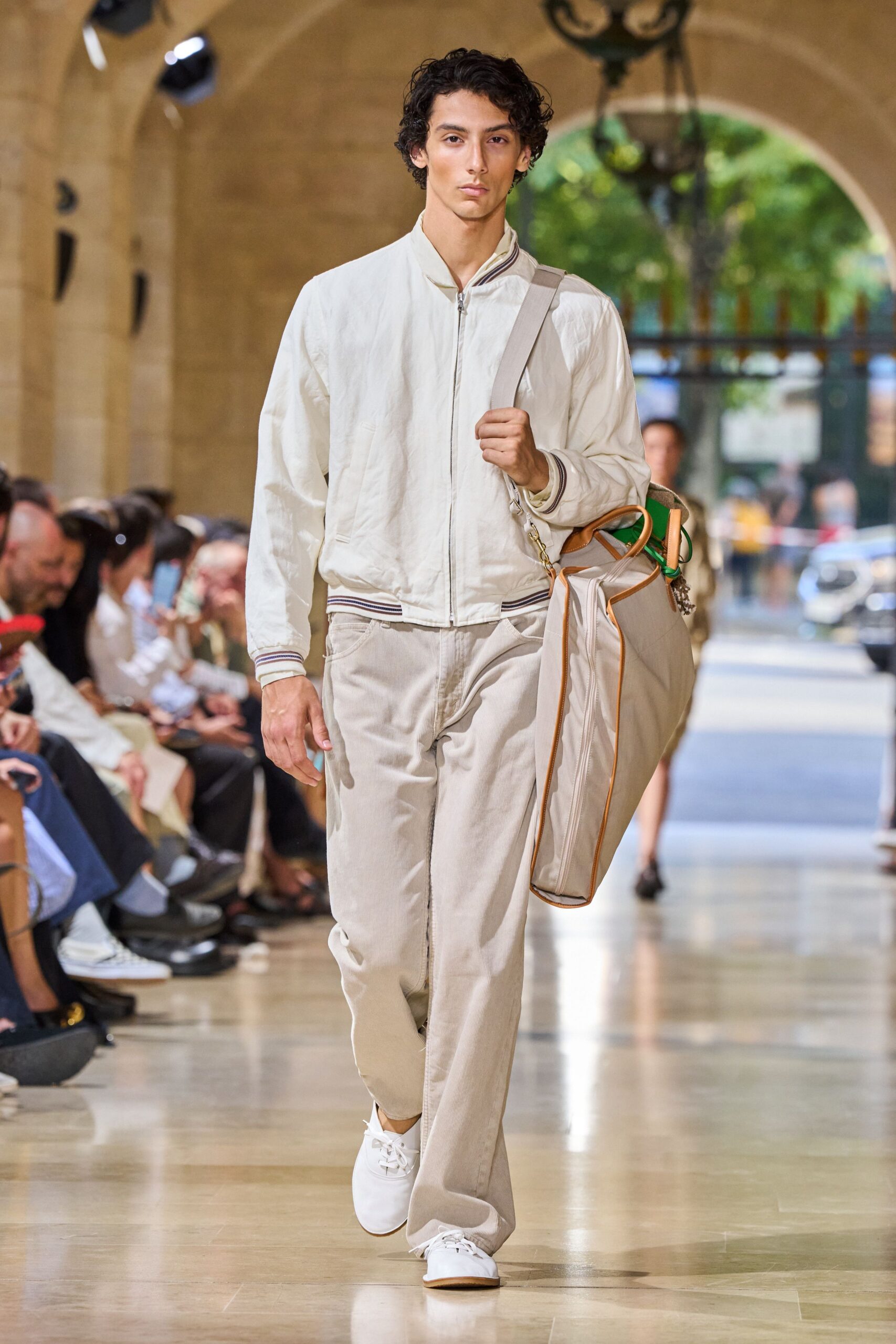 white relaxed jacket beige pants