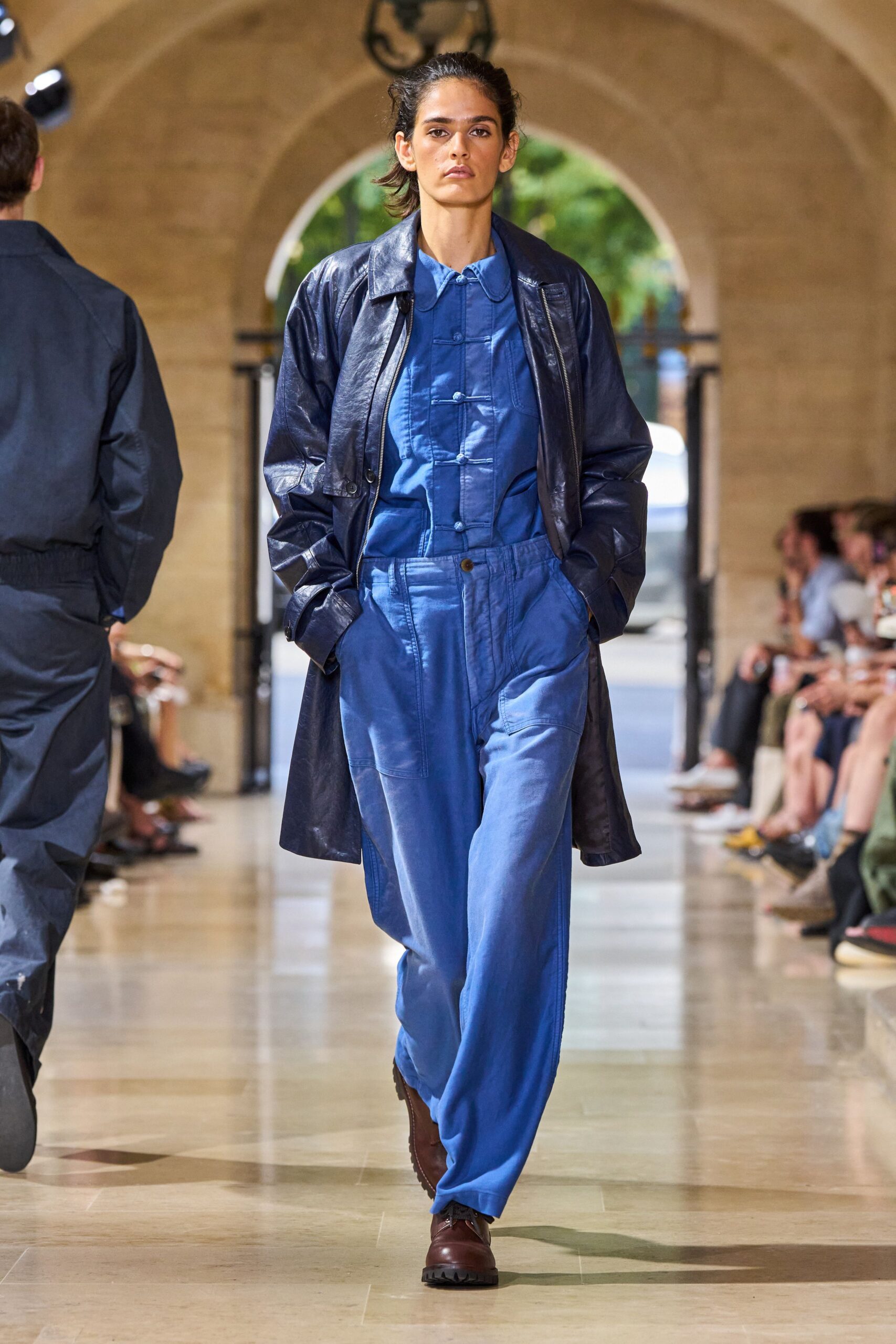 blue cotton long-sleeve collared fitted pleated jumpsuit