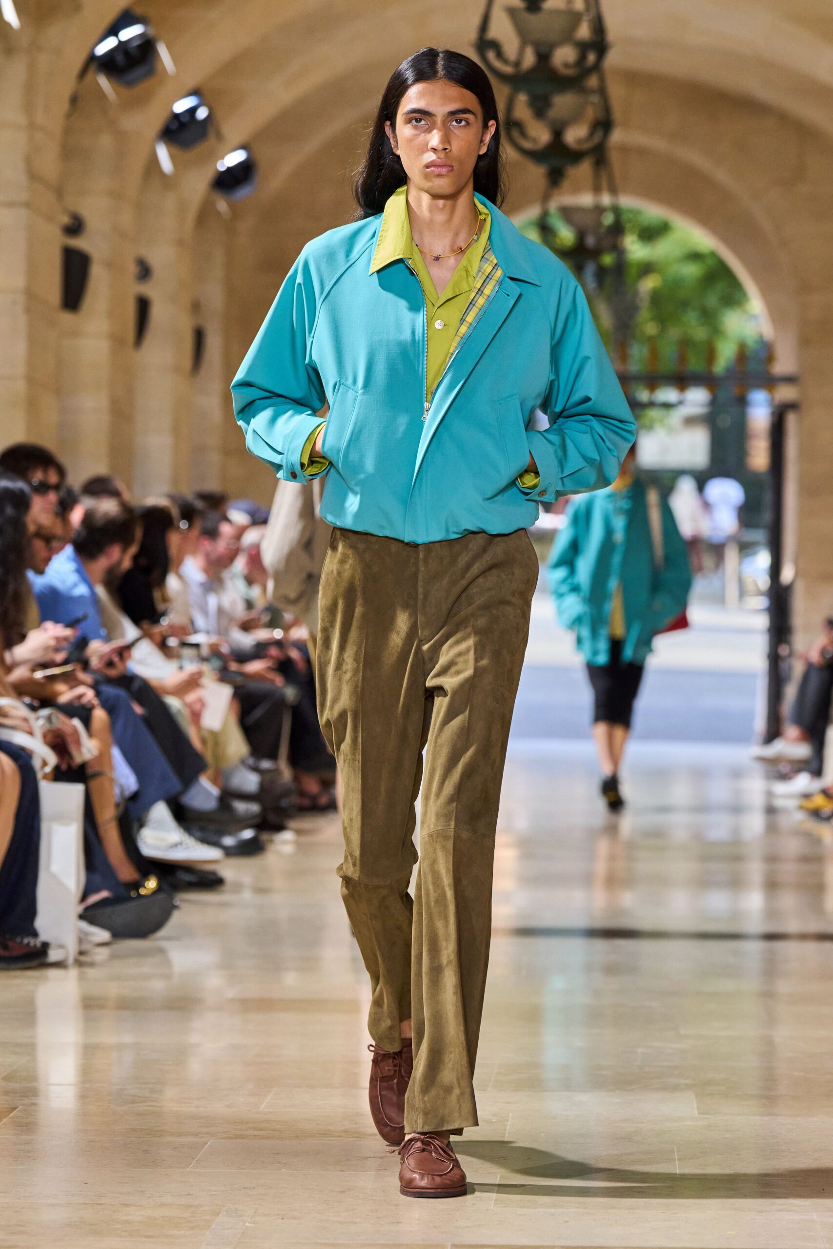 brown suede tailored straight-leg pants