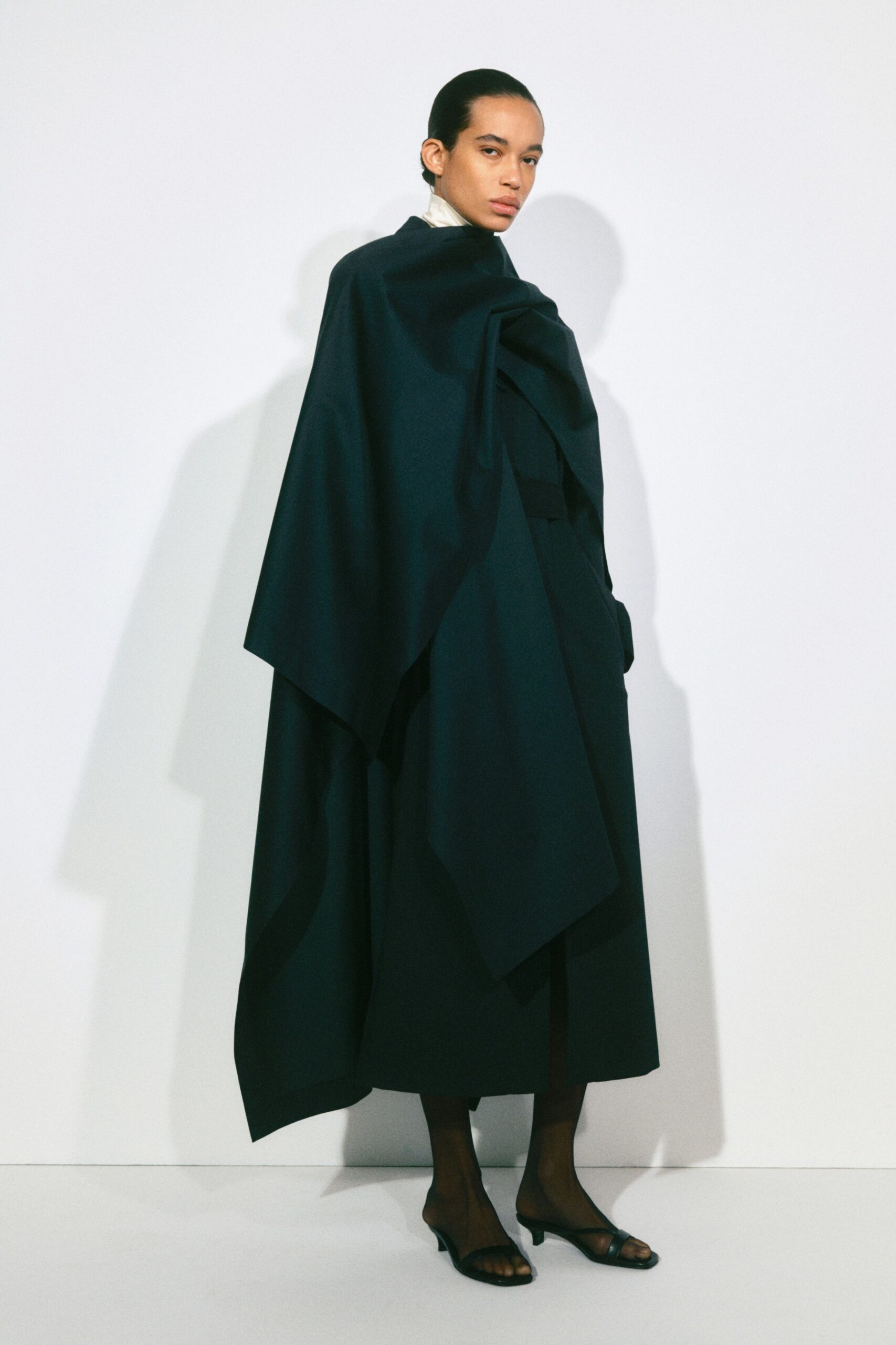 black wool long-sleeve high-neck fitted dress