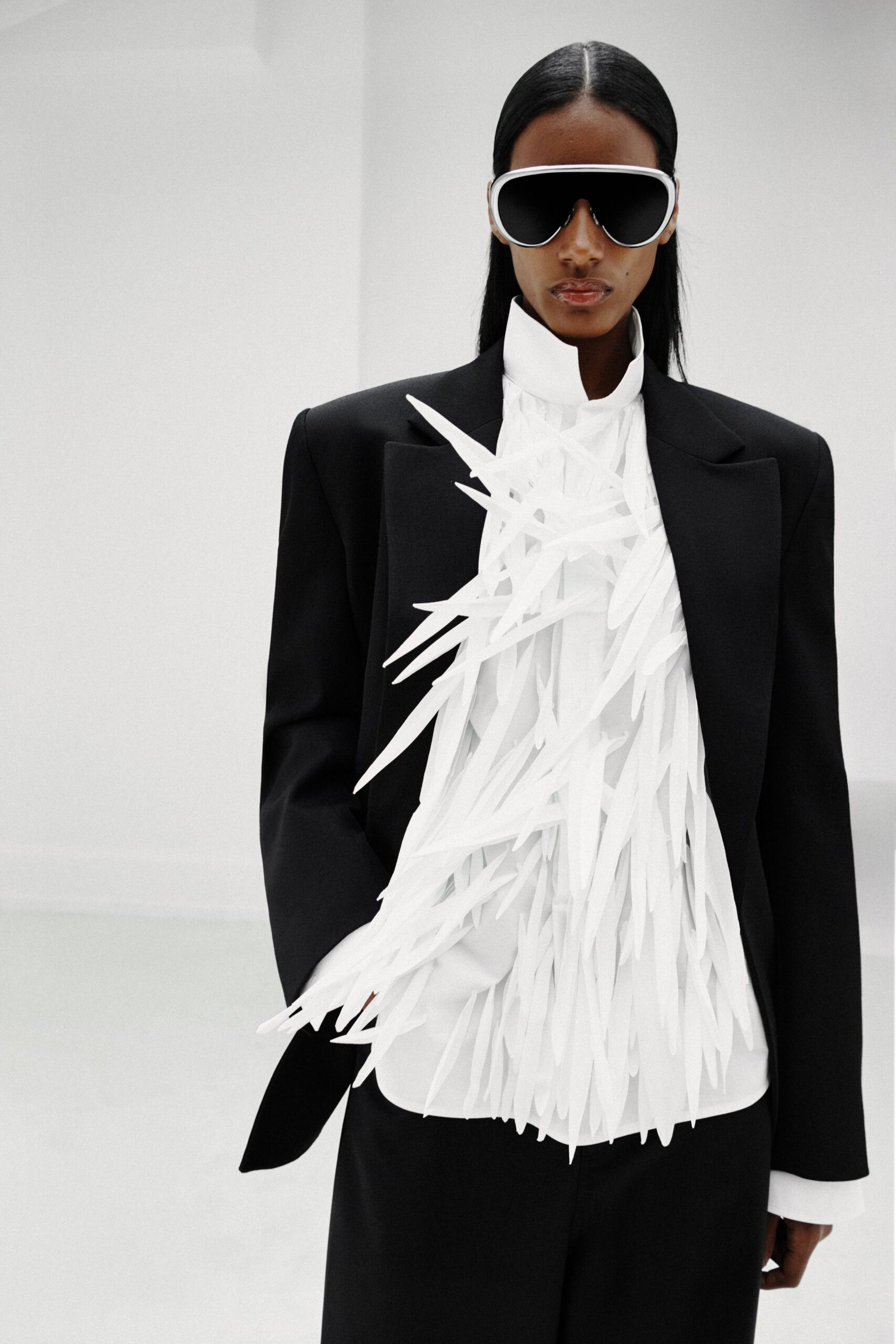 white long-sleeve collared fitted ruffled shirt