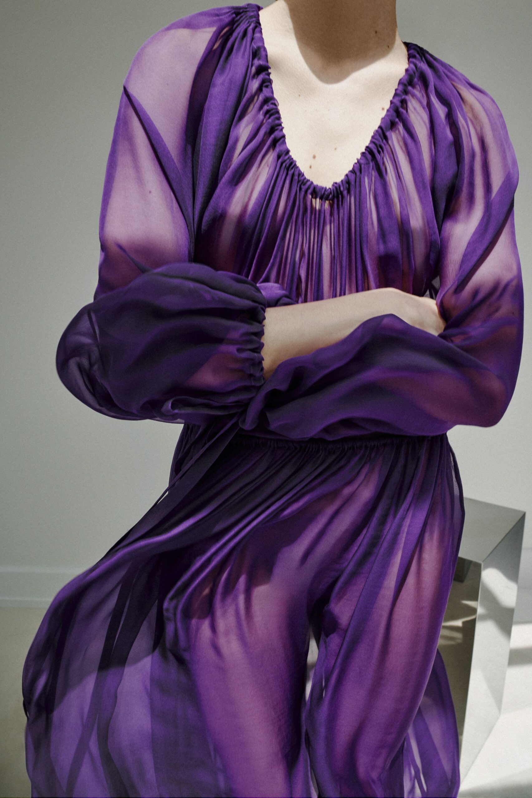 purple sheer long-sleeve dress