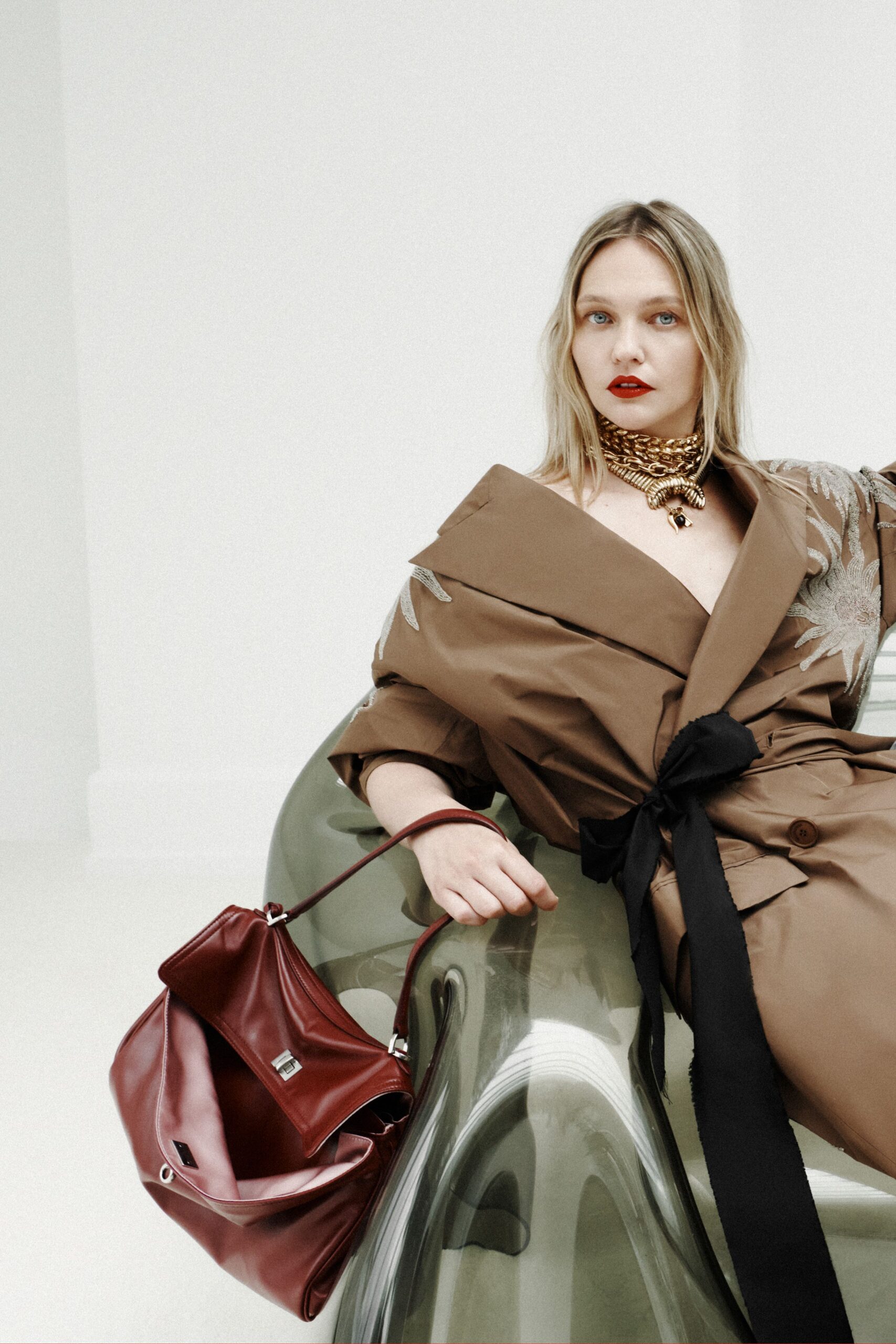 brown cotton long-sleeve collared relaxed belted embroidered coat