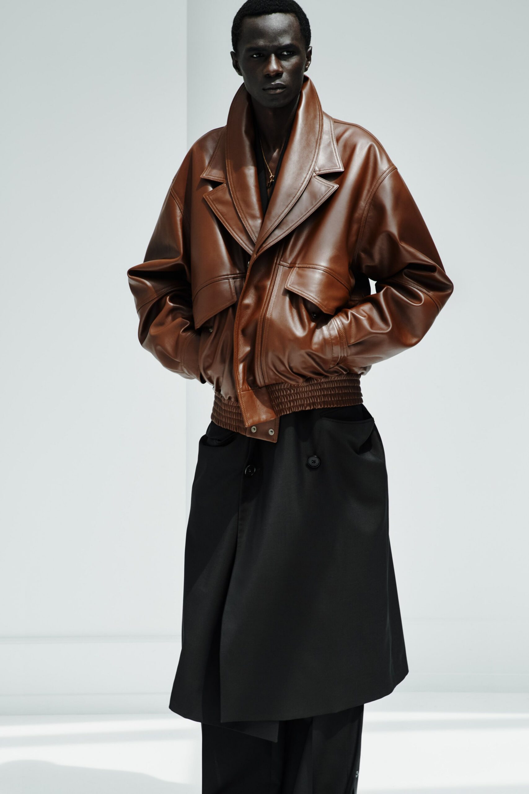 brown leather long-sleeve collared oversized jacket