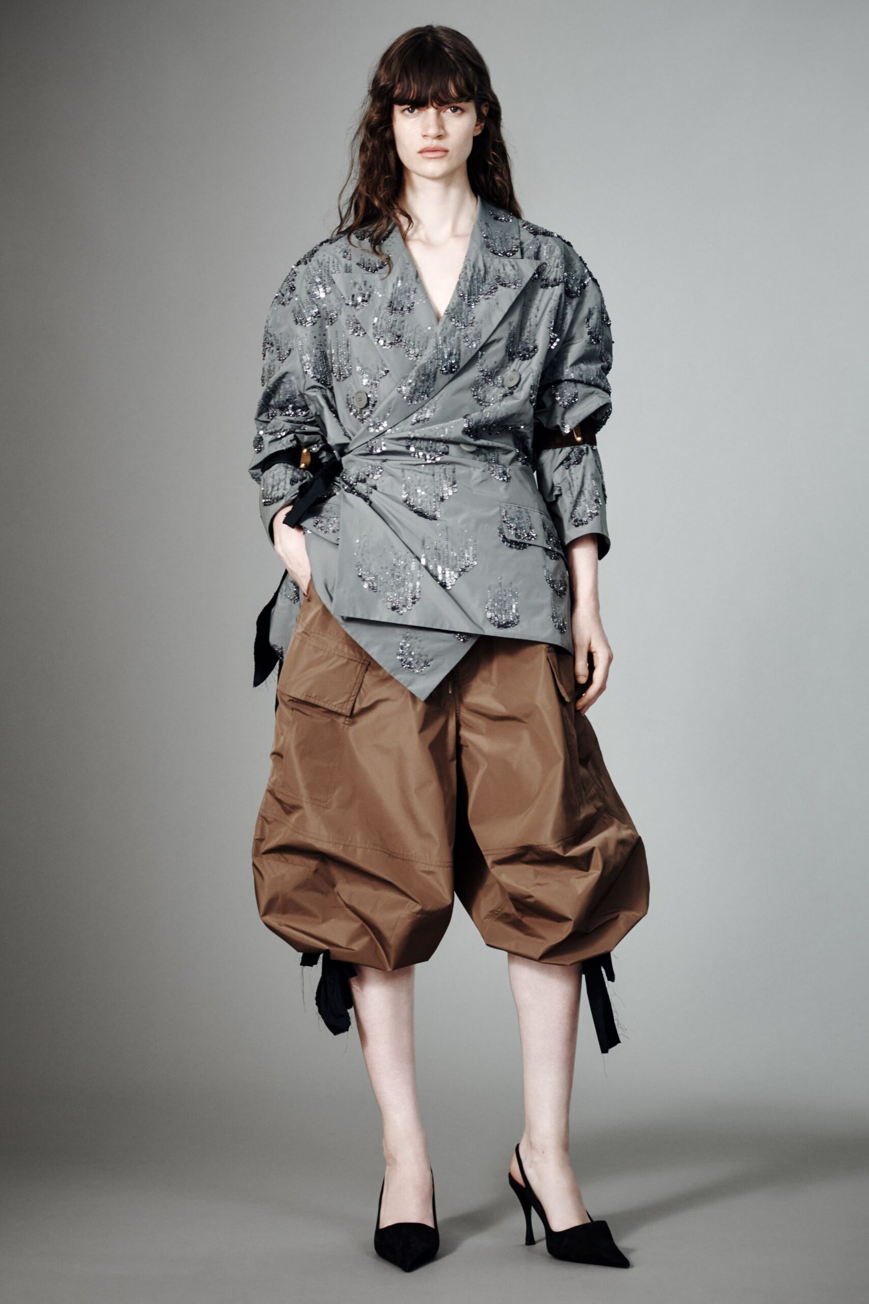 brown cotton oversized pleated zippered pants