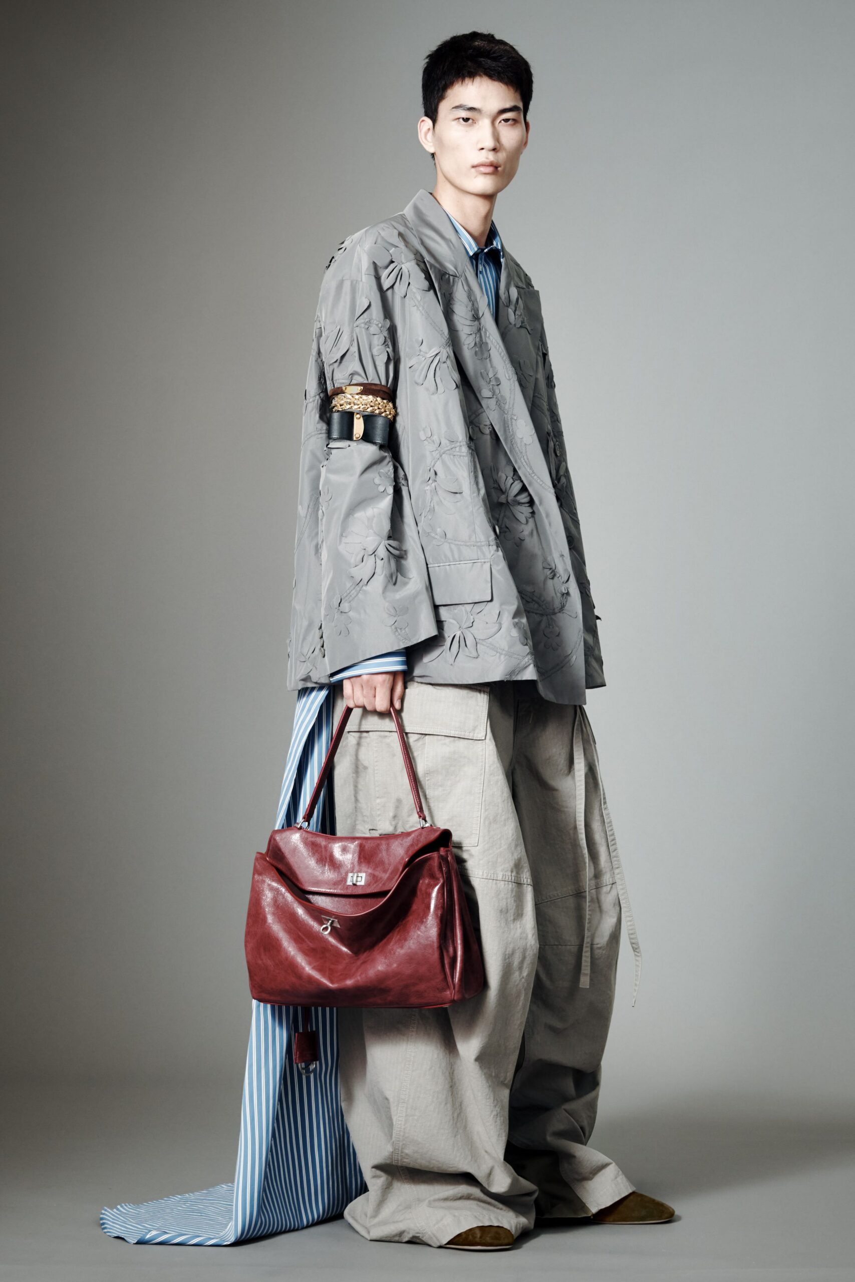 gray cotton long-sleeve relaxed embroidered jacket