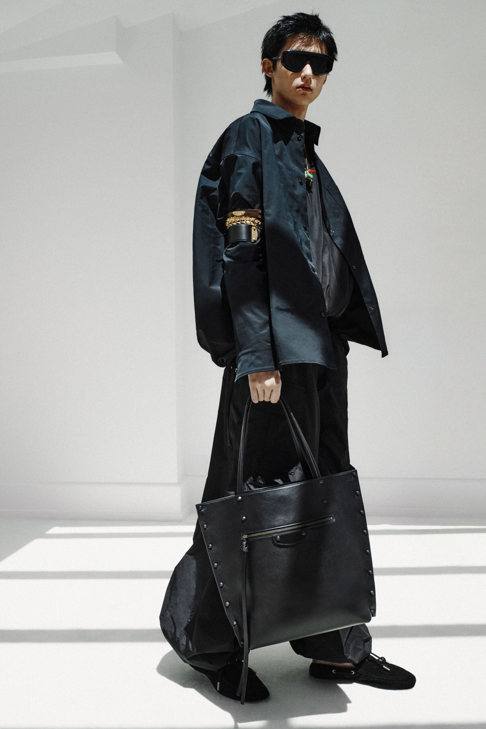 black silk long-sleeve collared relaxed buttoned shirt